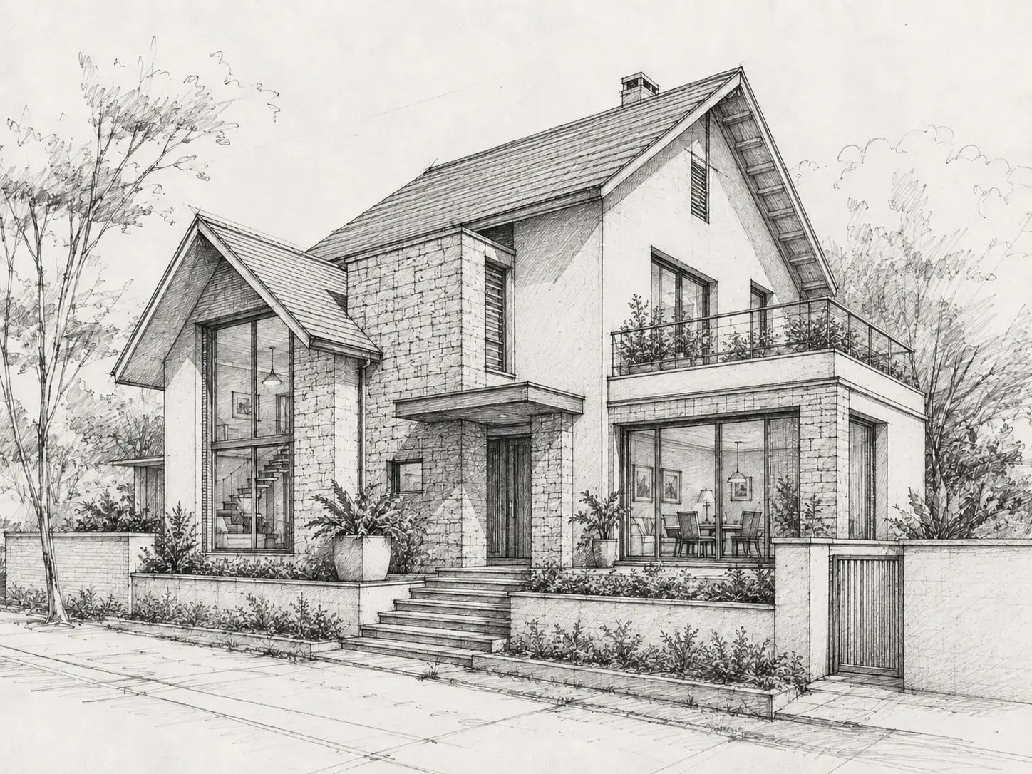 Pencil Sketch → Modern House Render