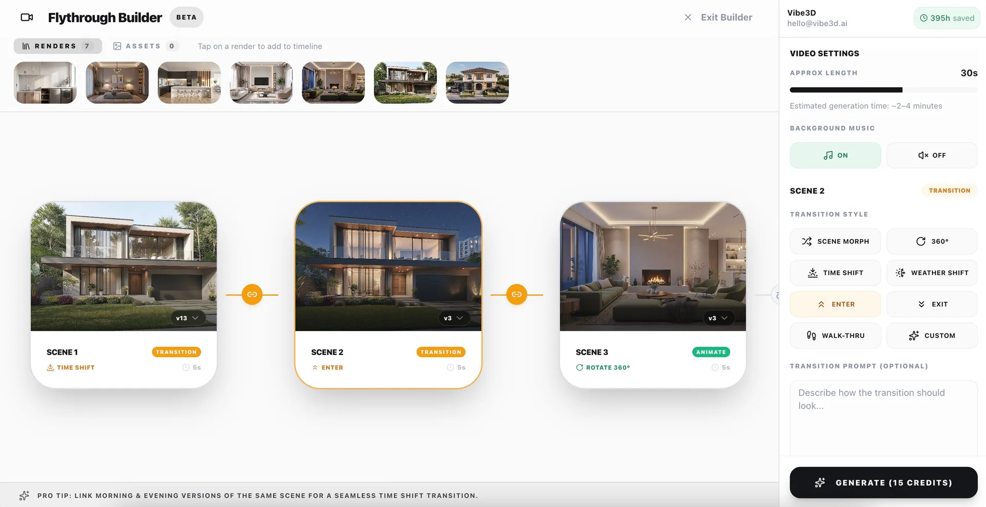 Cinematic architectural flythrough video builder interface