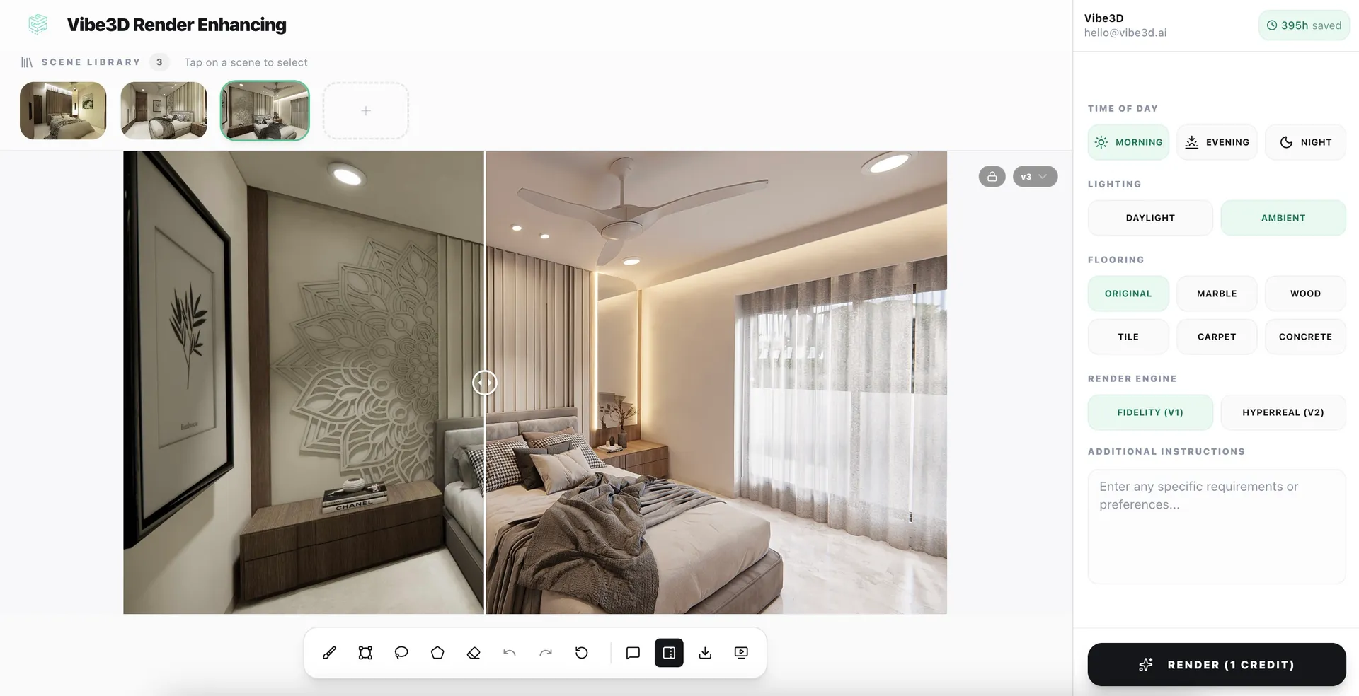 Before and after AI render enhancement comparison