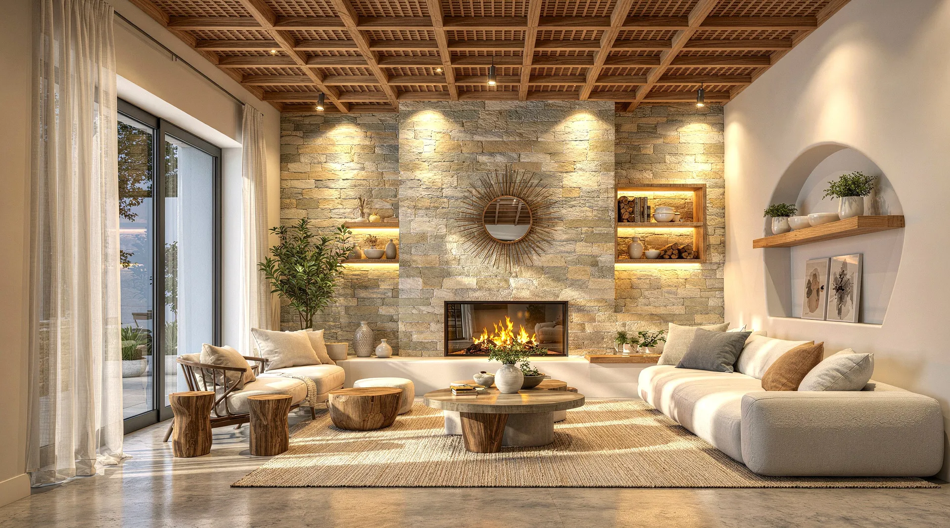 HyperReal living room interior with evening lighting
