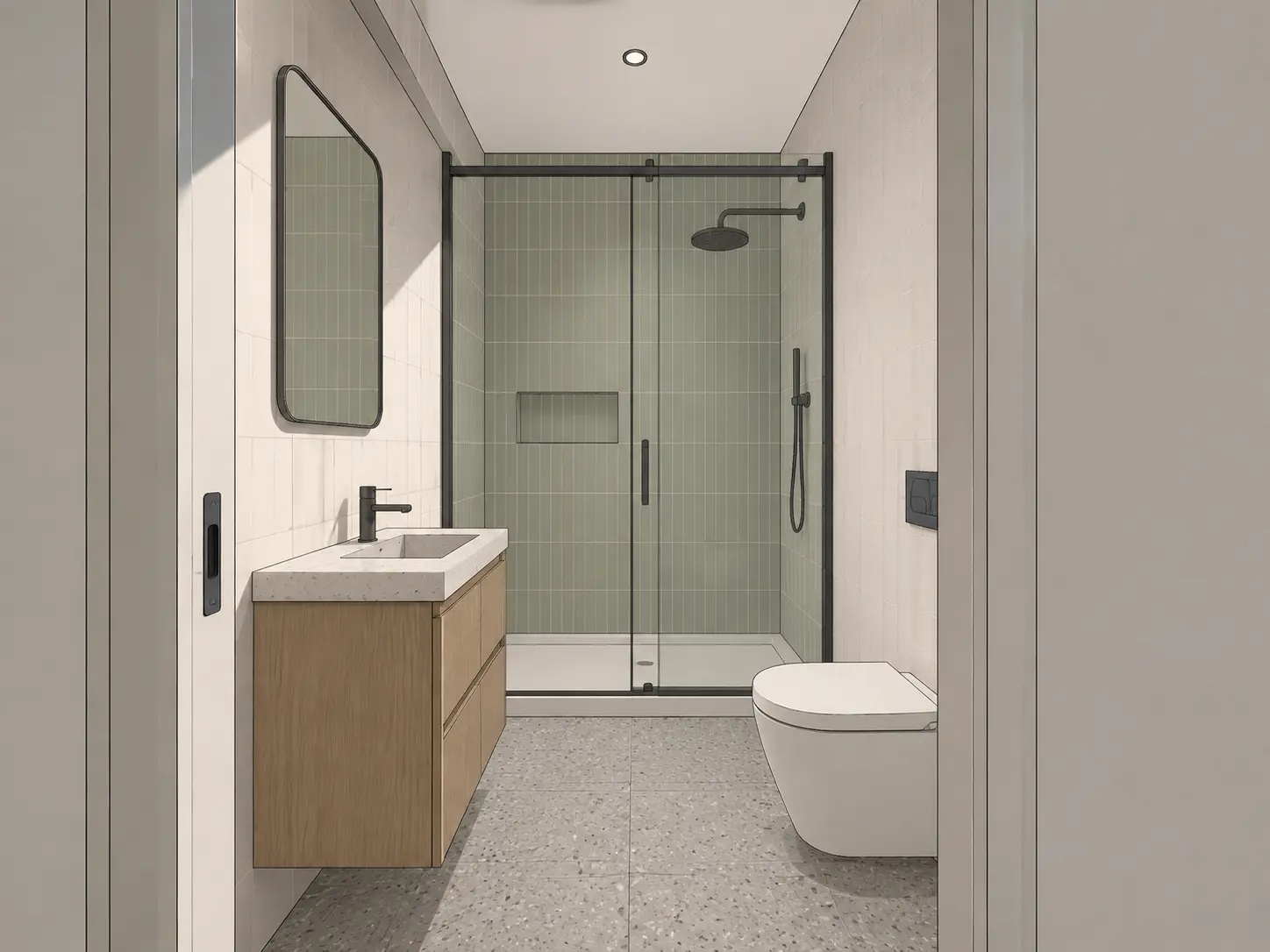 Compact bathroom model transformed into a photorealistic render with olive green shower tiles, an oak vanity and terrazzo flooring — original input