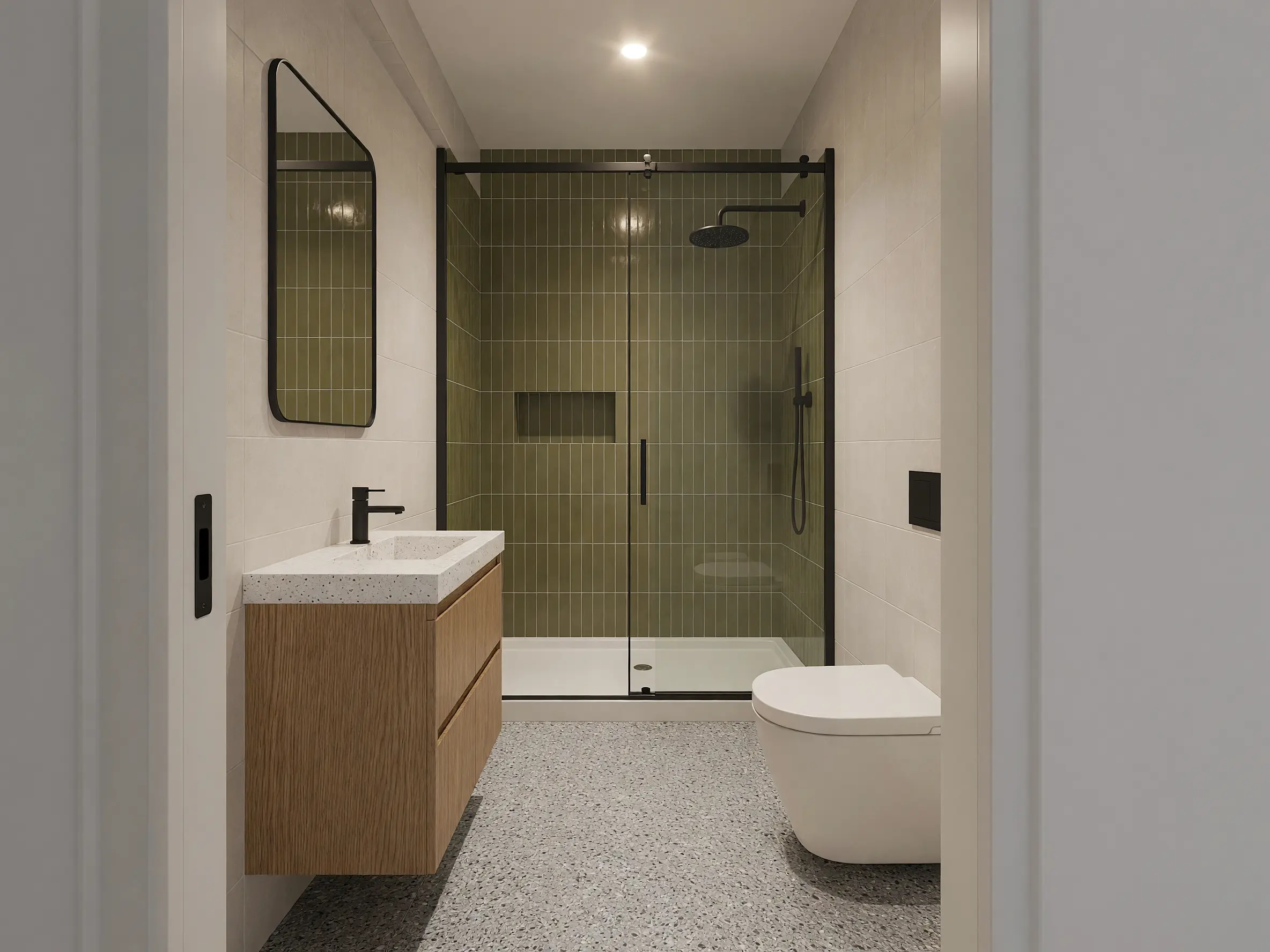 Compact bathroom model transformed into a photorealistic render with olive green shower tiles, an oak vanity and terrazzo flooring