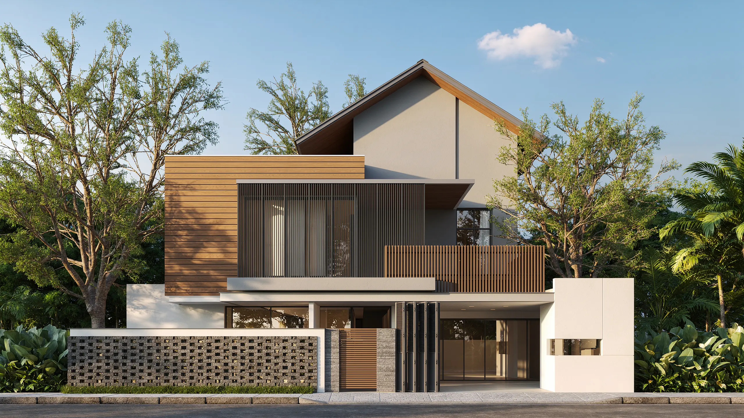 Modern house elevation transformed into a photorealistic exterior render with timber cladding, screens and natural landscaping
