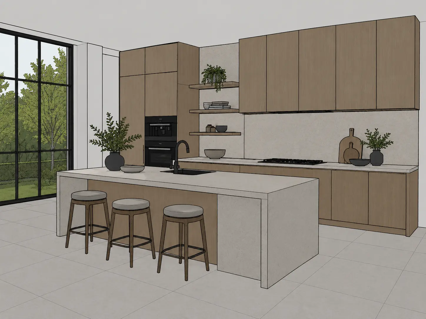 3D kitchen model transformed into a photorealistic modern kitchen render with AI — original input