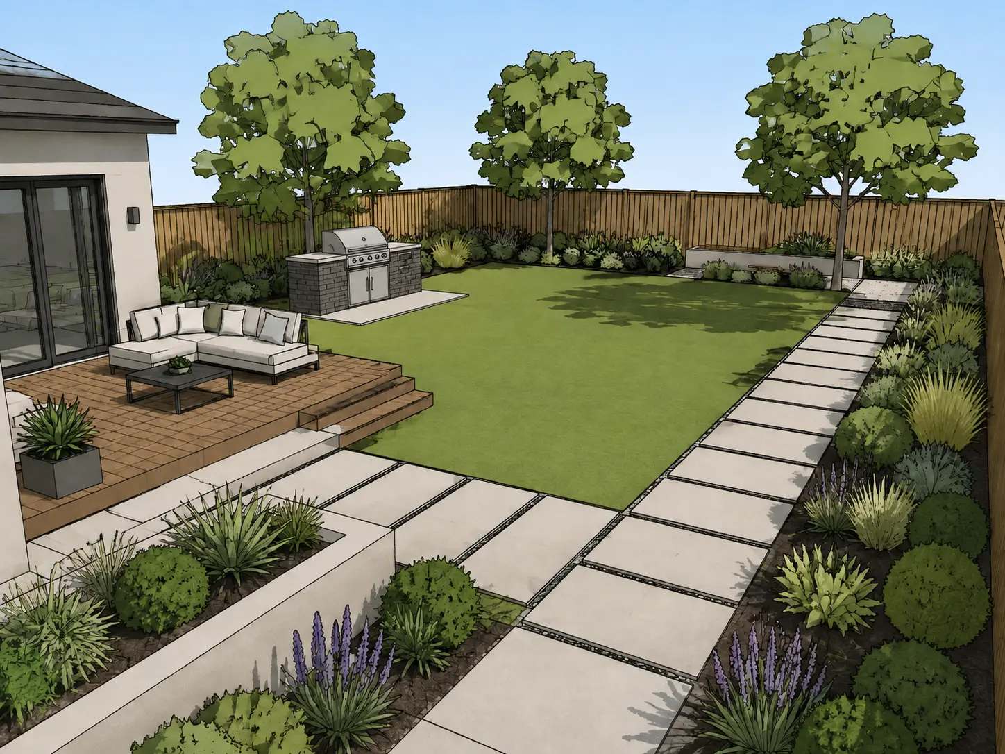 Backyard landscape design transformed into a realistic garden render with lawn, deck seating and a built-in grill — original input