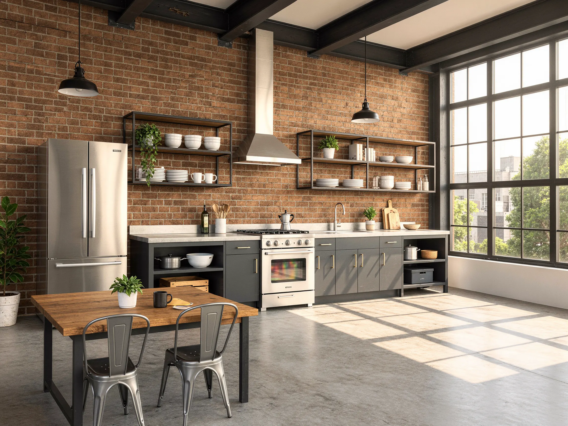 Industrial loft kitchen render with exposed brick walls, dark cabinetry and large factory-style windows