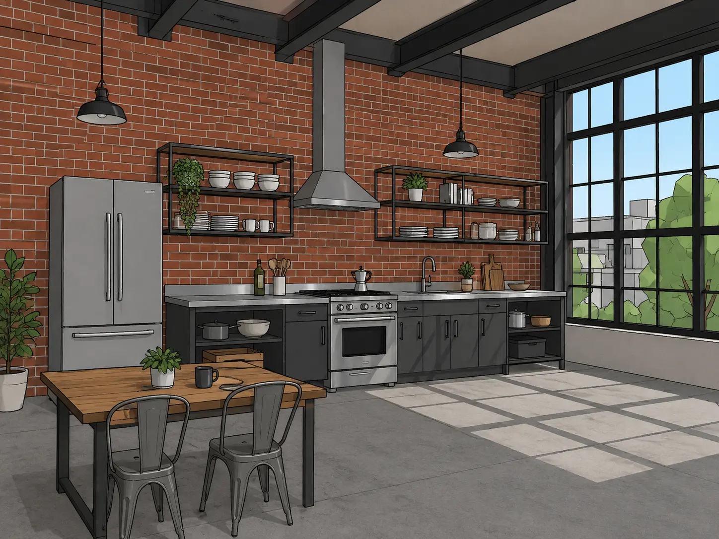 Original sketch — Industrial loft kitchen render with exposed brick walls, dark cabinetry and large factory-style windows