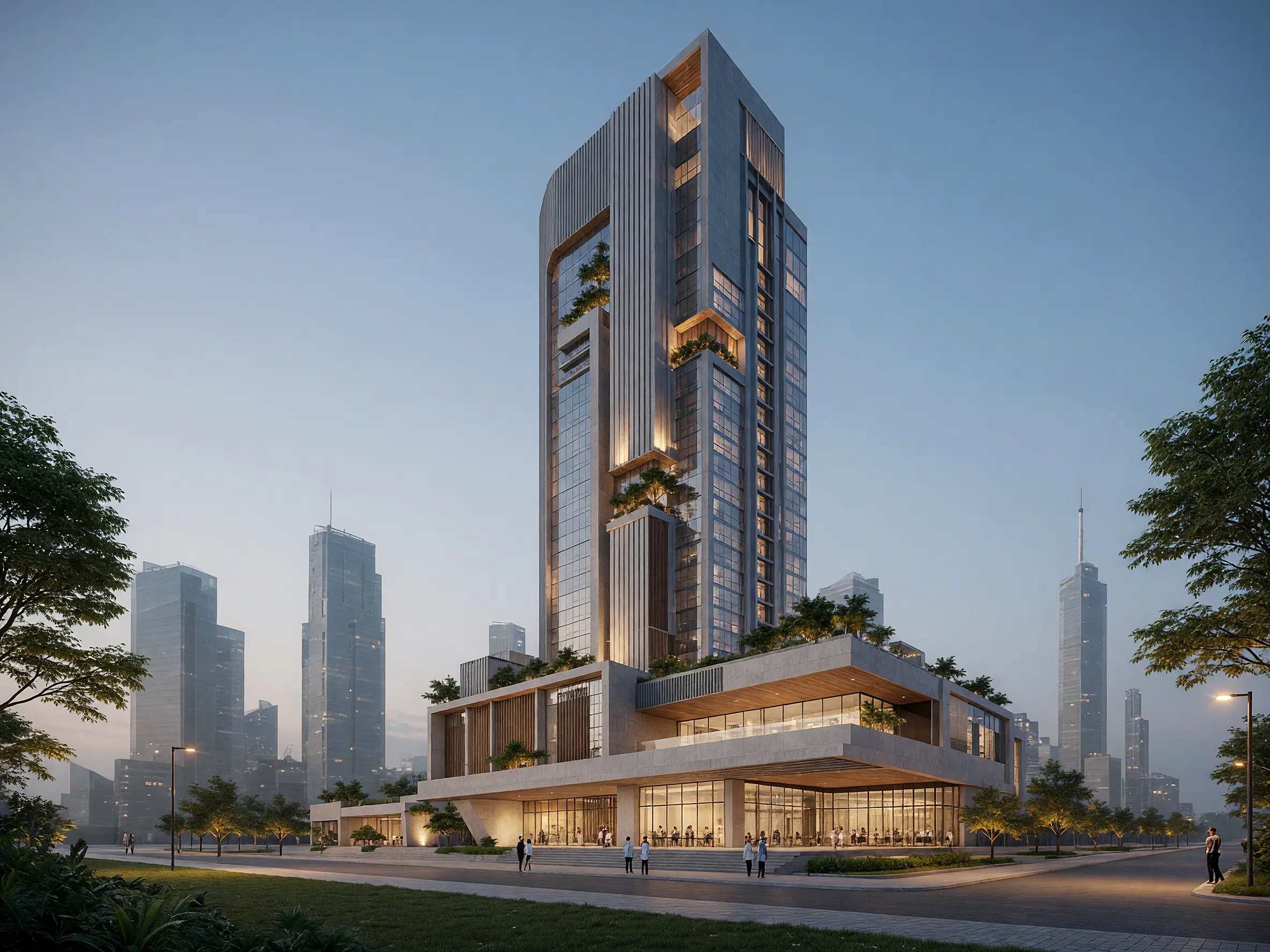 Early architectural tower sketch turned into a photorealistic high-rise exterior visualization with AI
