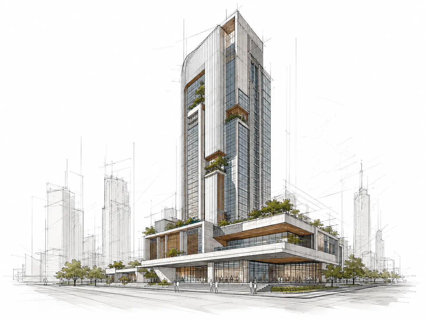 Original sketch — Early architectural tower sketch turned into a photorealistic high-rise exterior visualization with AI