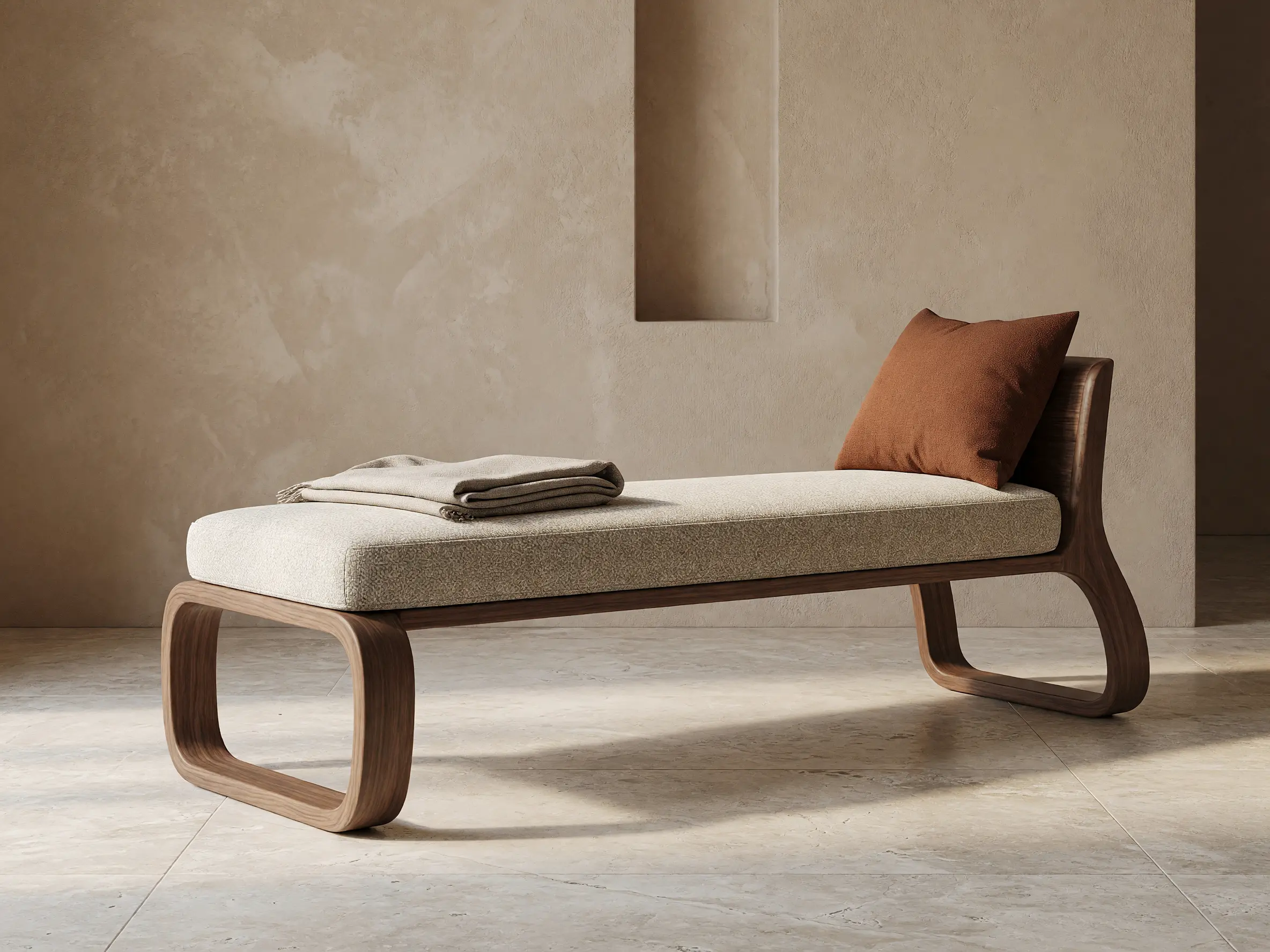 3D daybed model transformed into a photorealistic lifestyle furniture render with walnut timber and textured upholstery
