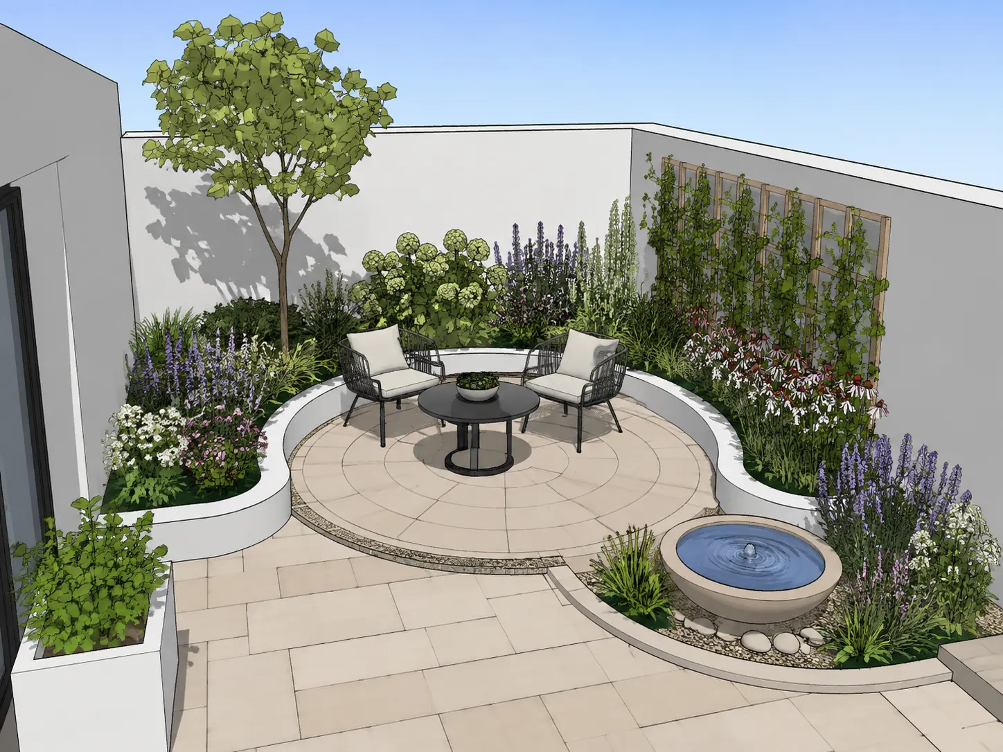 Original sketch — Courtyard garden sketch transformed into a photorealistic patio with curved seating, fountain and flowering borders