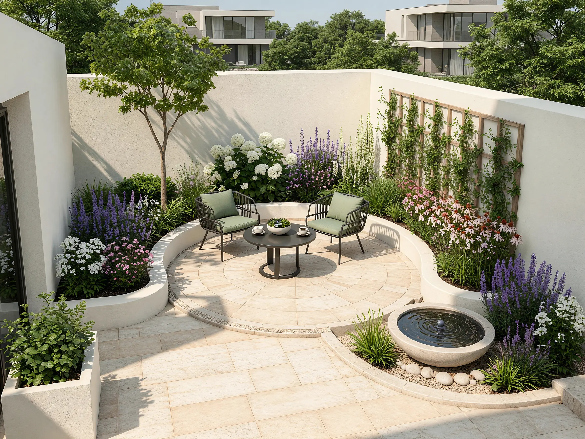 Courtyard garden sketch transformed into a photorealistic patio with curved seating, fountain and flowering borders