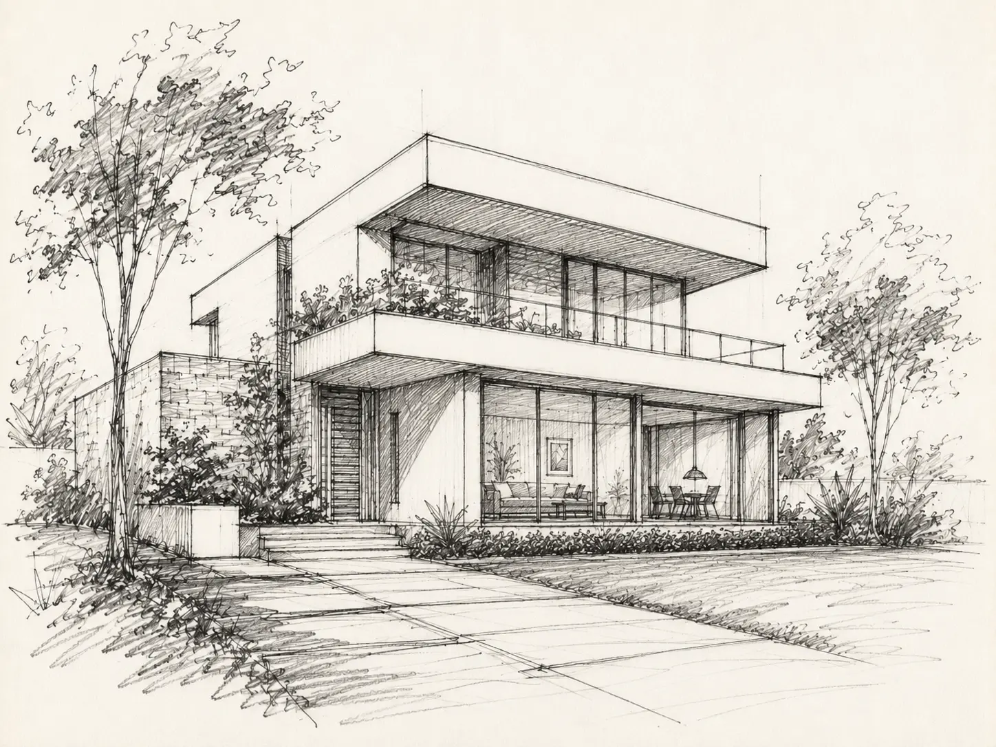 Original sketch — Architectural hand sketch turned into a photorealistic modern house exterior with AI