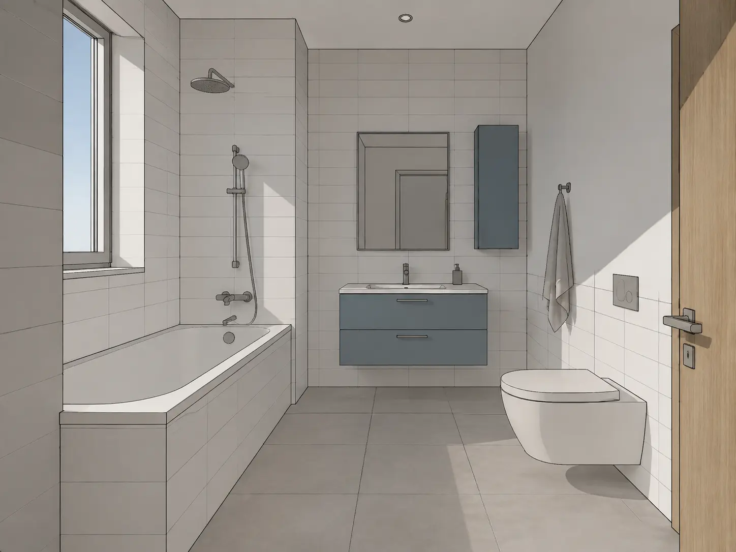 Original sketch — Bathroom model with a bathtub and blue floating vanity rendered with white ceramic tiles and warm evening lighting