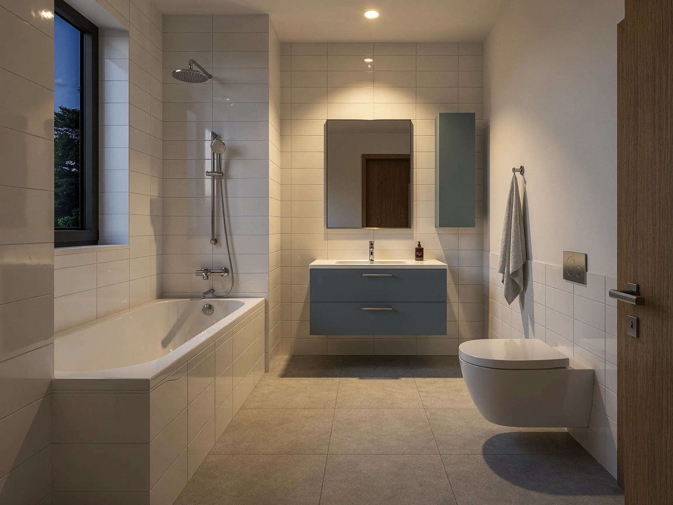 Bathroom model with a bathtub and blue floating vanity rendered with white ceramic tiles and warm evening lighting