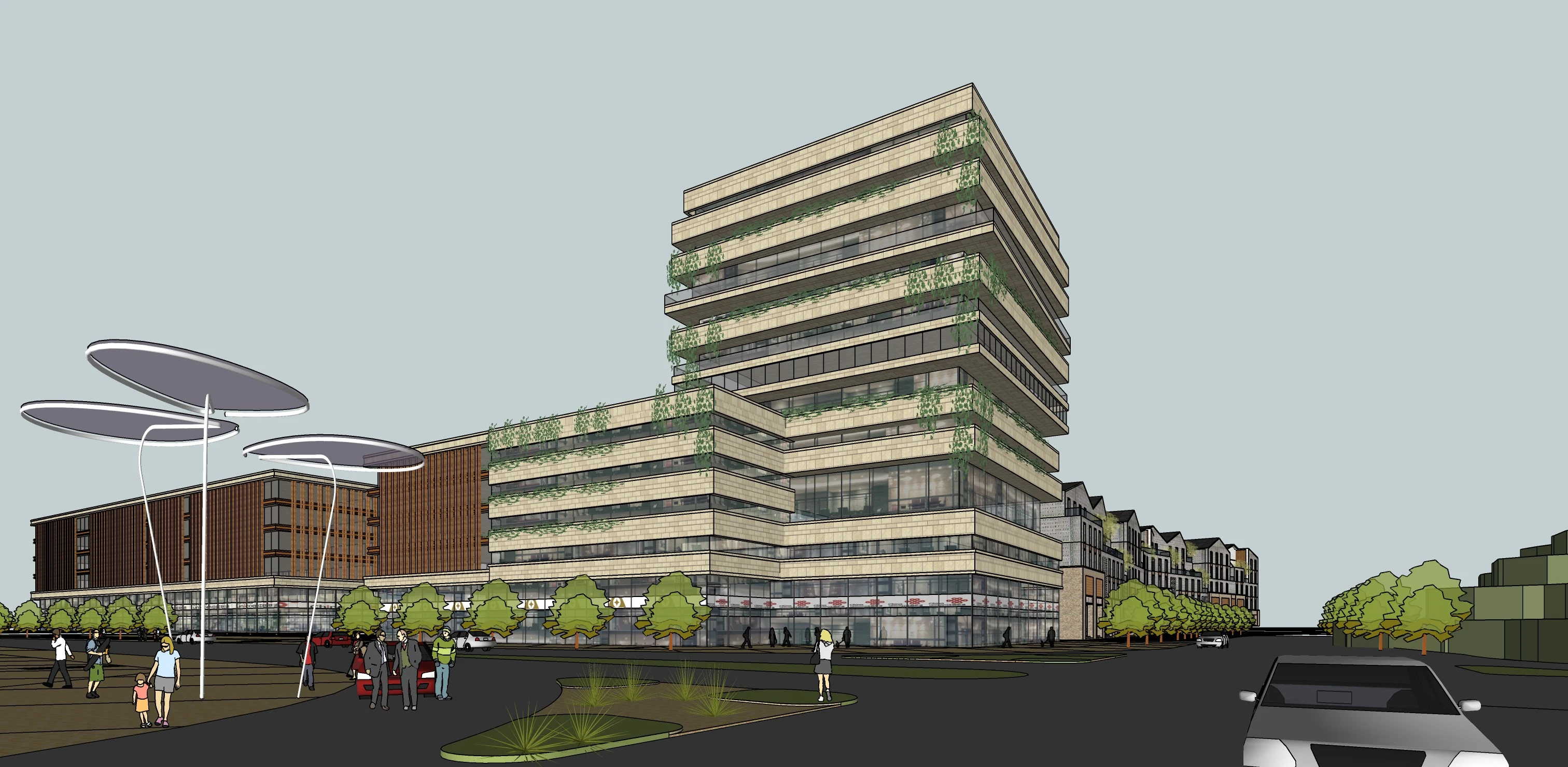Original sketch — Commercial building elevation transformed into a photorealistic golden-hour render with realistic stone, glazing and streetscape context