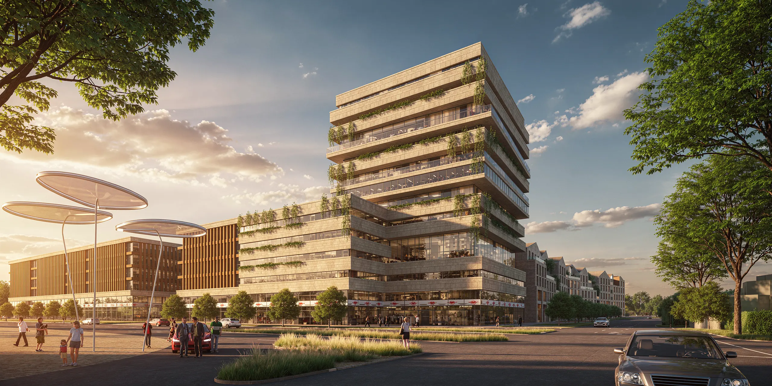 Commercial building elevation transformed into a photorealistic golden-hour render with realistic stone, glazing and streetscape context