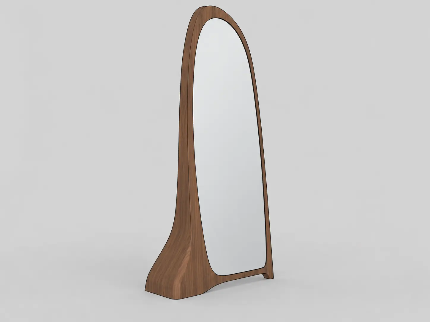 Original sketch — 3D floor mirror model transformed into a photorealistic furniture render with a sculpted walnut frame and realistic reflection