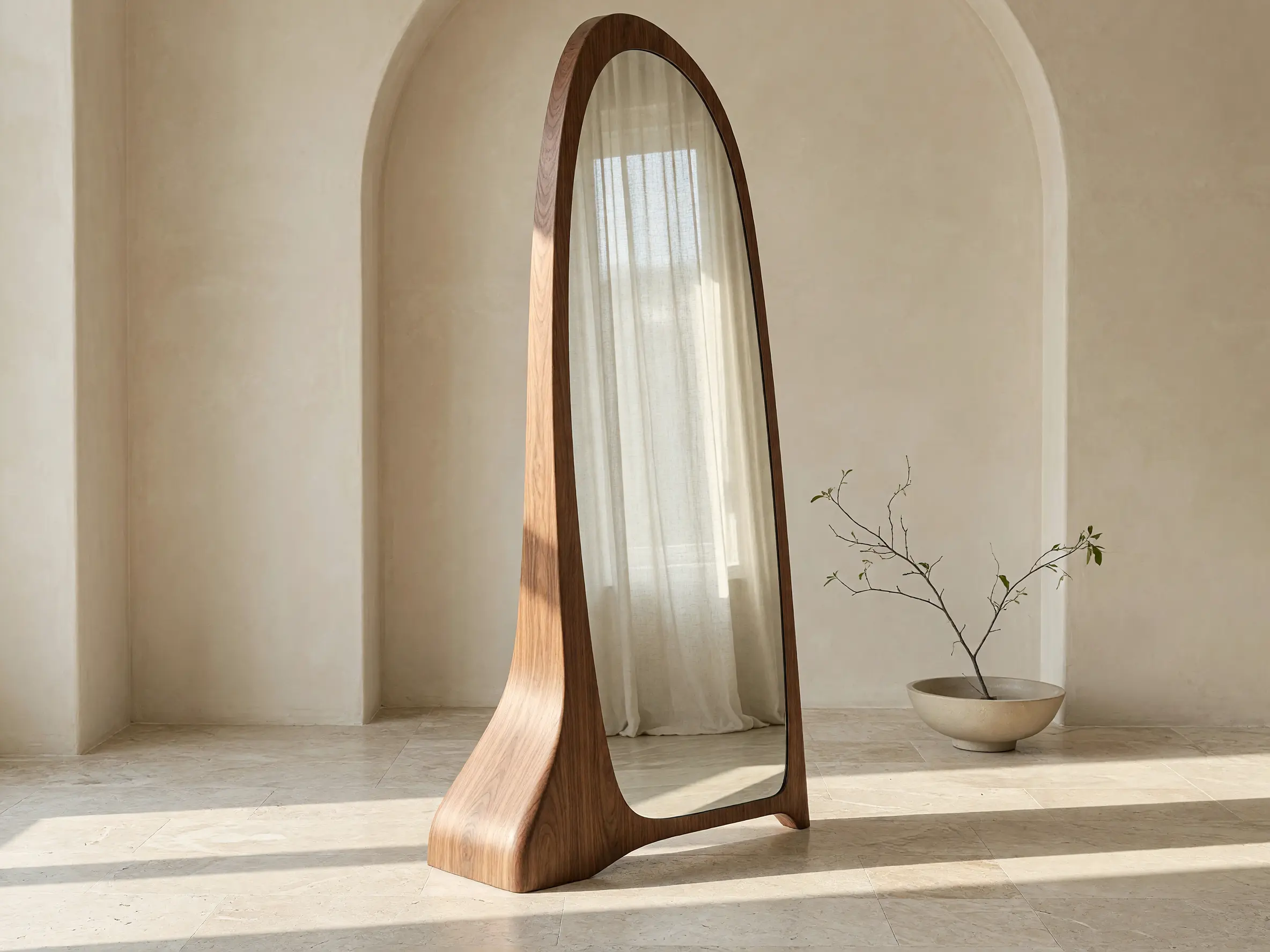 3D floor mirror model transformed into a photorealistic furniture render with a sculpted walnut frame and realistic reflection