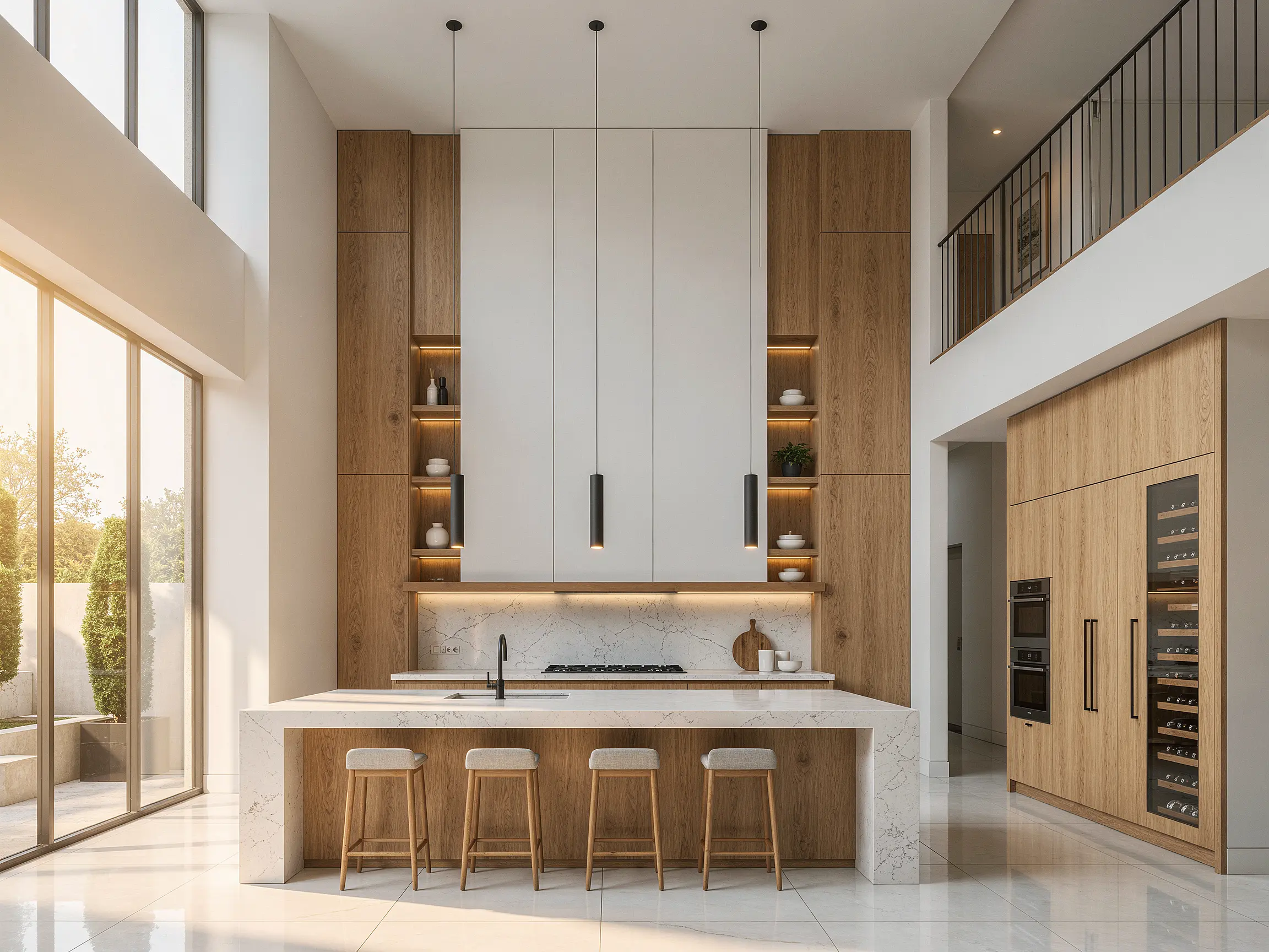 Double-height luxury kitchen render with tall white cabinetry, oak accents and statement pendant lights