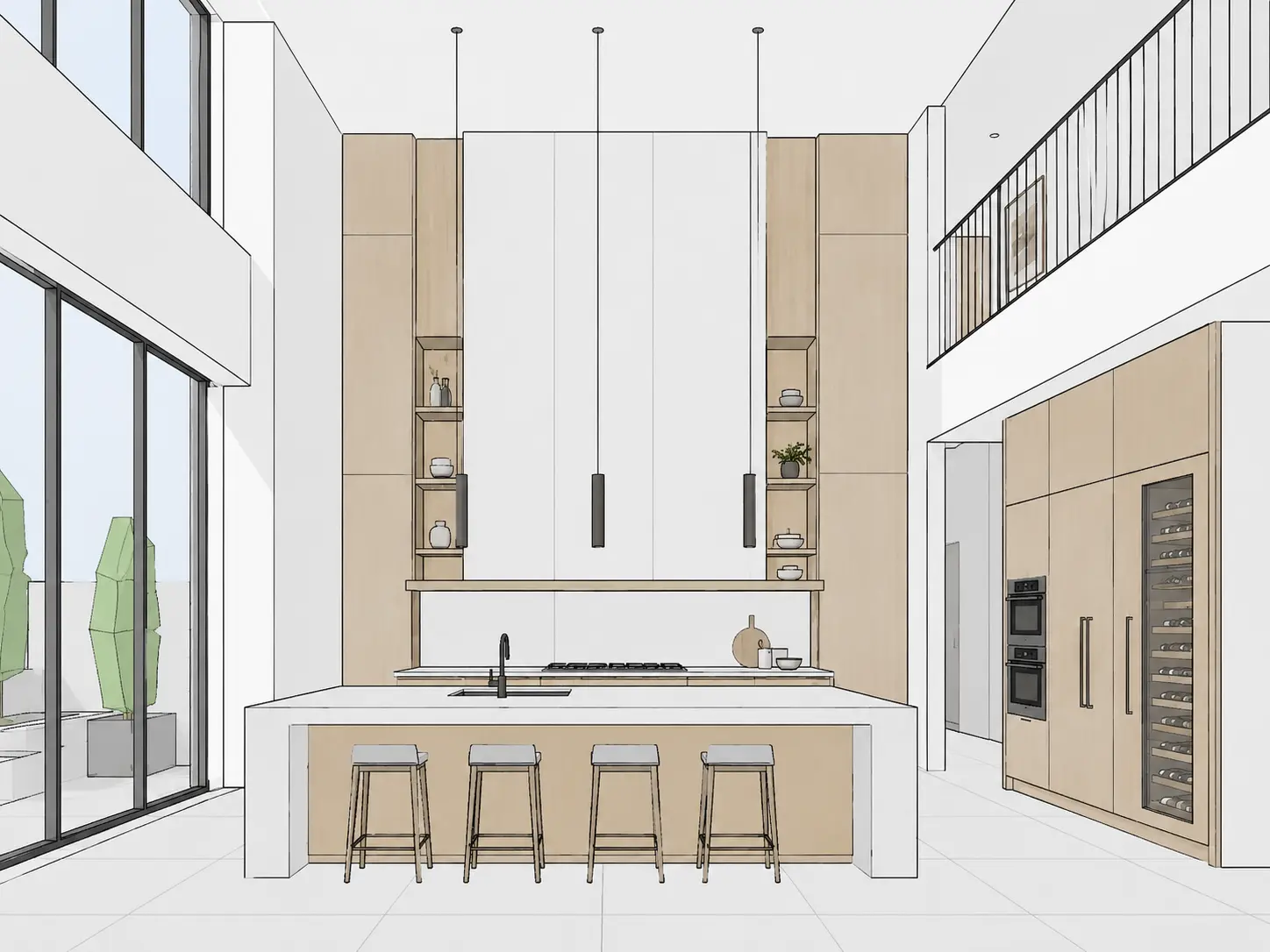 Original sketch — Double-height luxury kitchen render with tall white cabinetry, oak accents and statement pendant lights