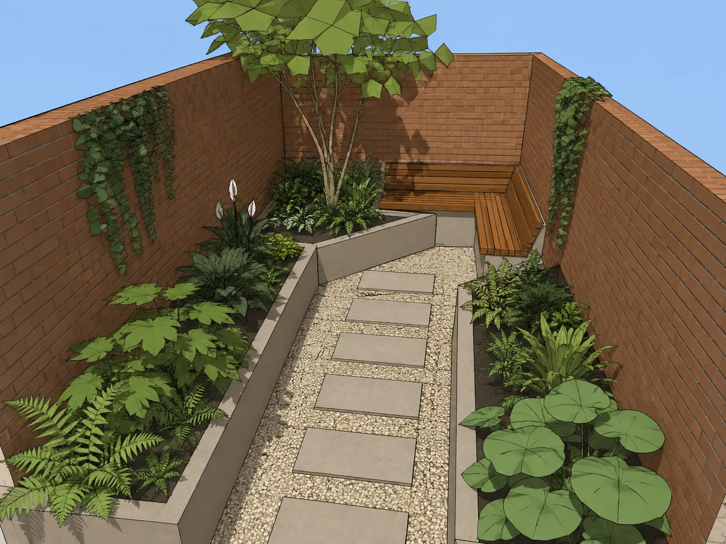 Original sketch — Narrow courtyard garden model transformed into a realistic pocket garden with bench seating and lush planting