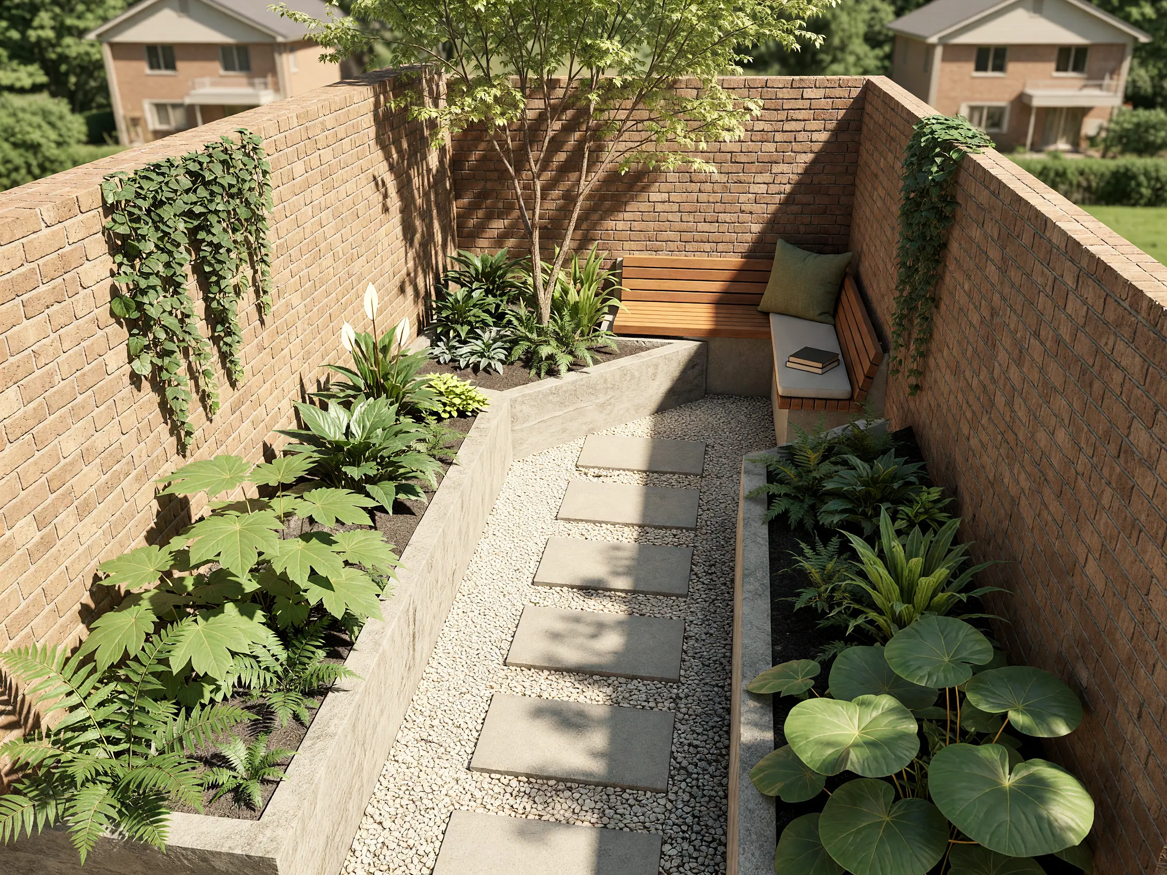 Narrow courtyard garden model transformed into a realistic pocket garden with bench seating and lush planting