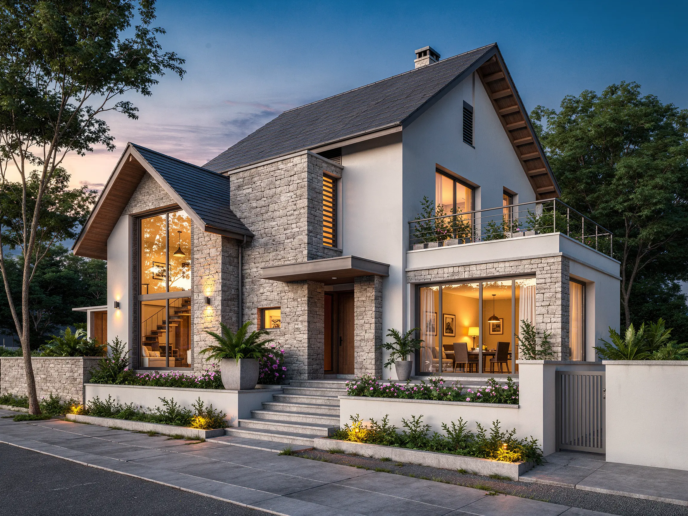 Detailed pencil sketch transformed into a realistic residential exterior render with materials, landscaping and evening light