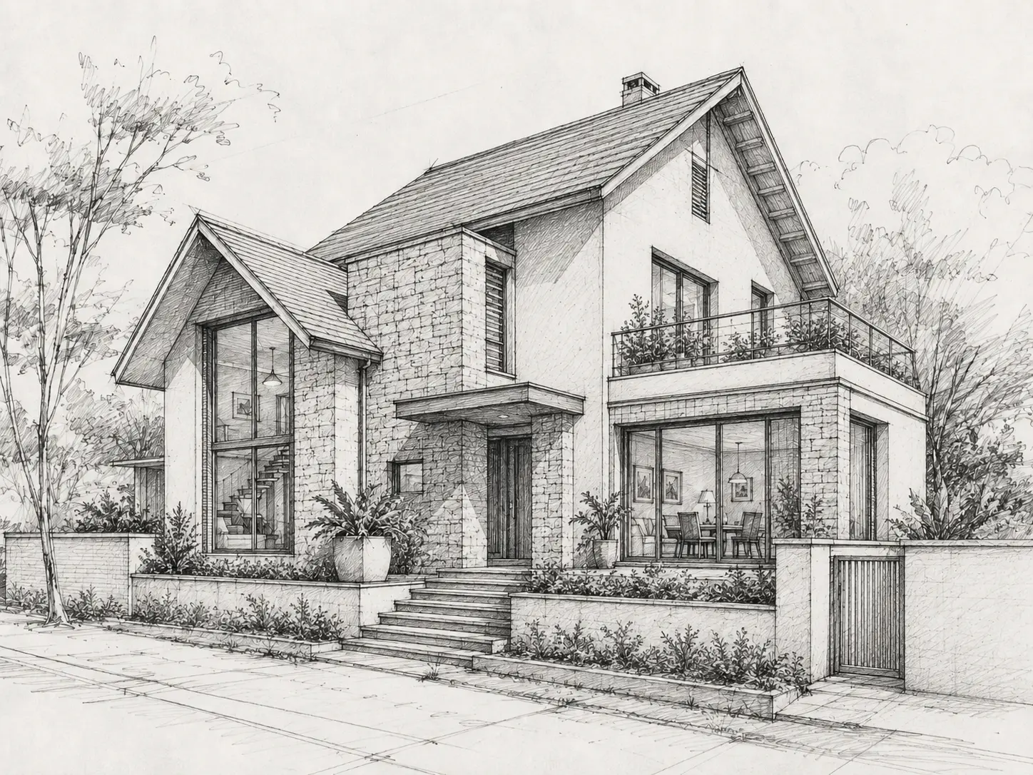 Original sketch — Detailed pencil sketch transformed into a realistic residential exterior render with materials, landscaping and evening light