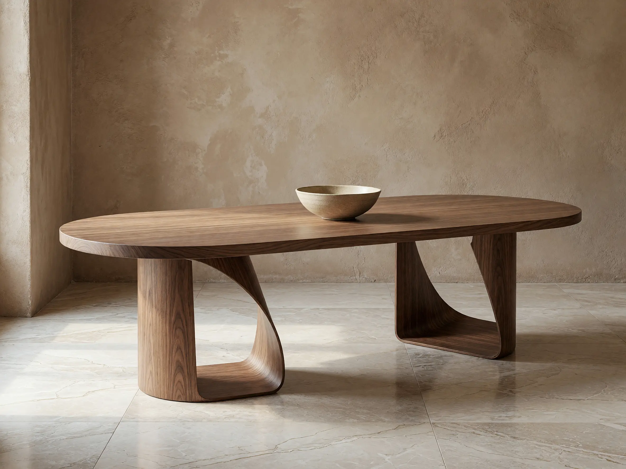 3D walnut dining table model transformed into a photorealistic editorial furniture render with realistic wood grain
