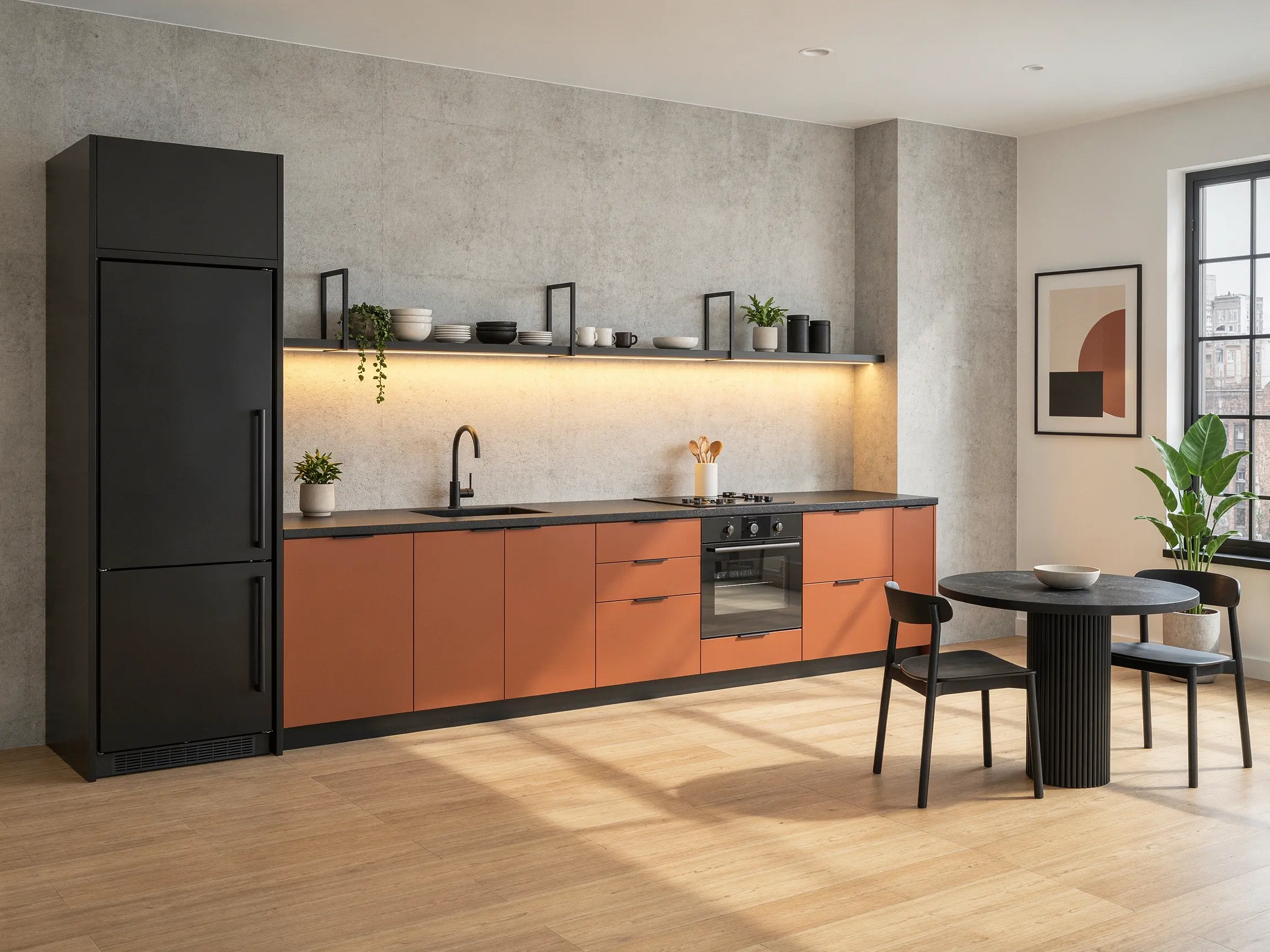 Contemporary kitchen render with terracotta cabinets, concrete walls and black detailing
