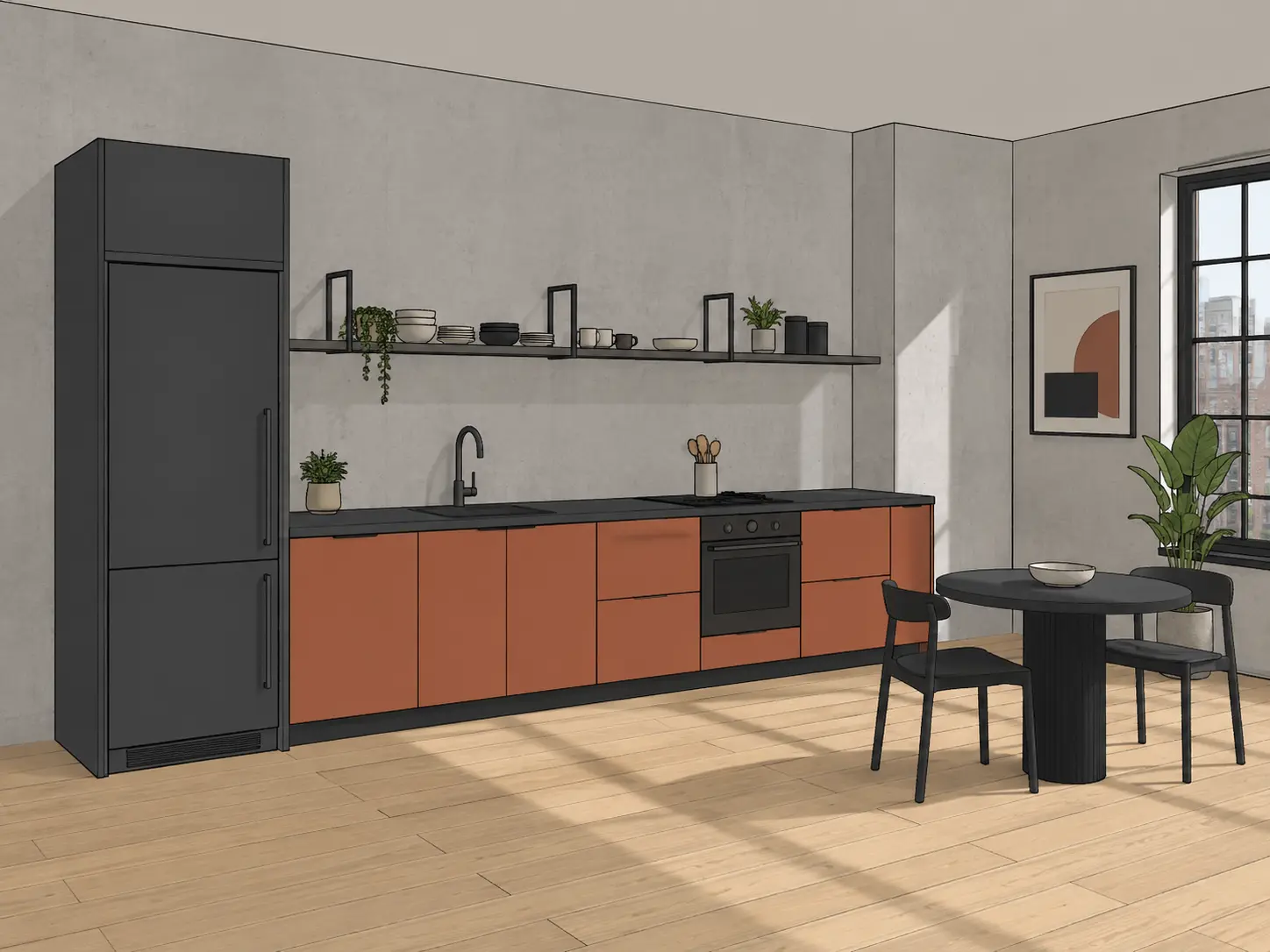 Original sketch — Contemporary kitchen render with terracotta cabinets, concrete walls and black detailing