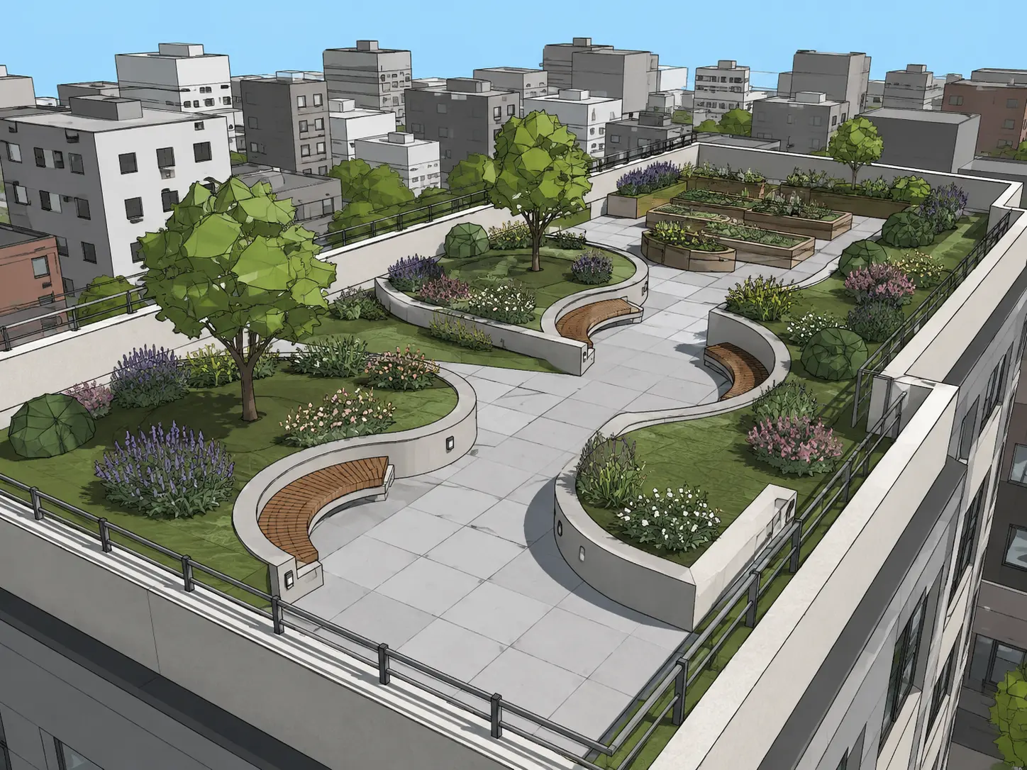 Original sketch — Rooftop garden model turned into a photorealistic communal roof terrace with curved planters and raised beds