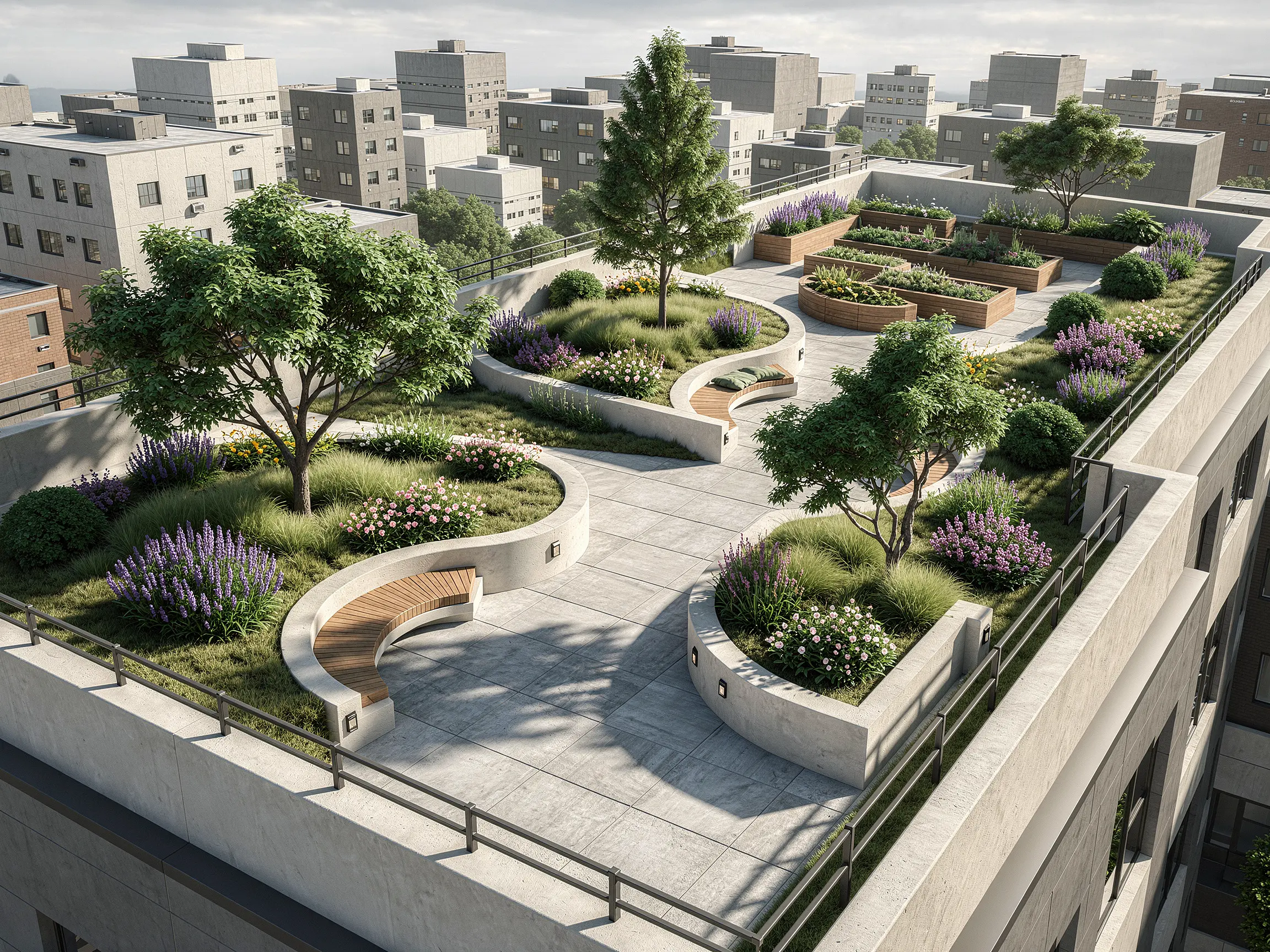 Rooftop garden model turned into a photorealistic communal roof terrace with curved planters and raised beds
