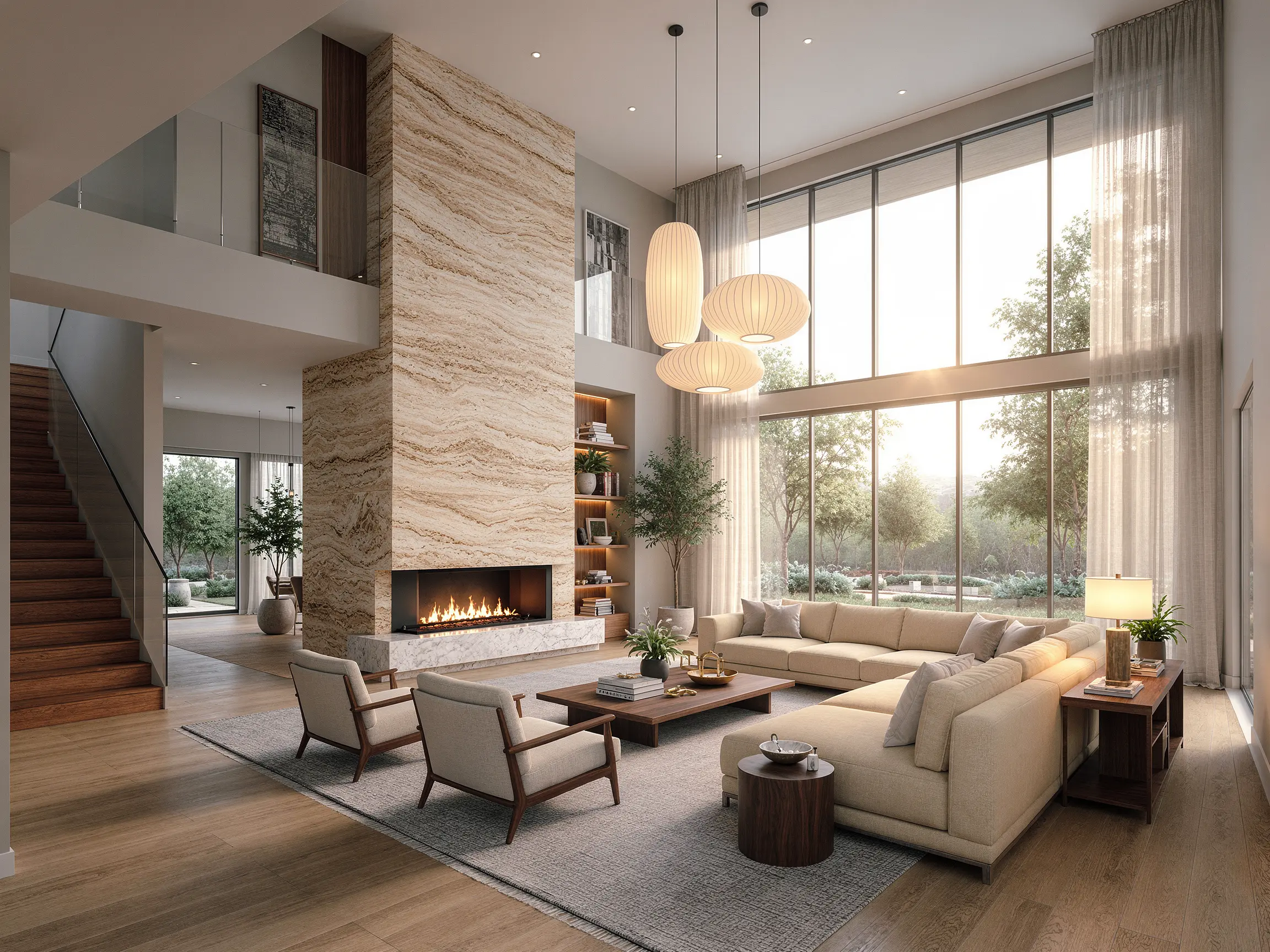 Interior perspective sketch turned into a photorealistic double-height living room render with realistic materials and daylight