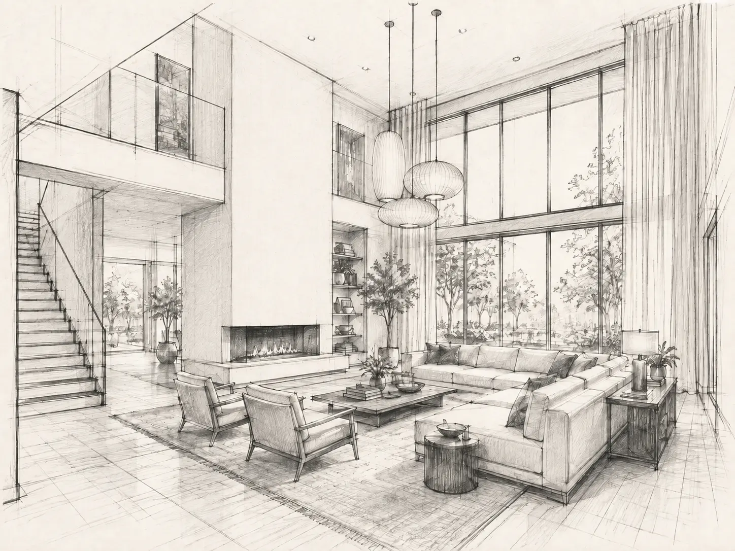 Original sketch — Interior perspective sketch turned into a photorealistic double-height living room render with realistic materials and daylight