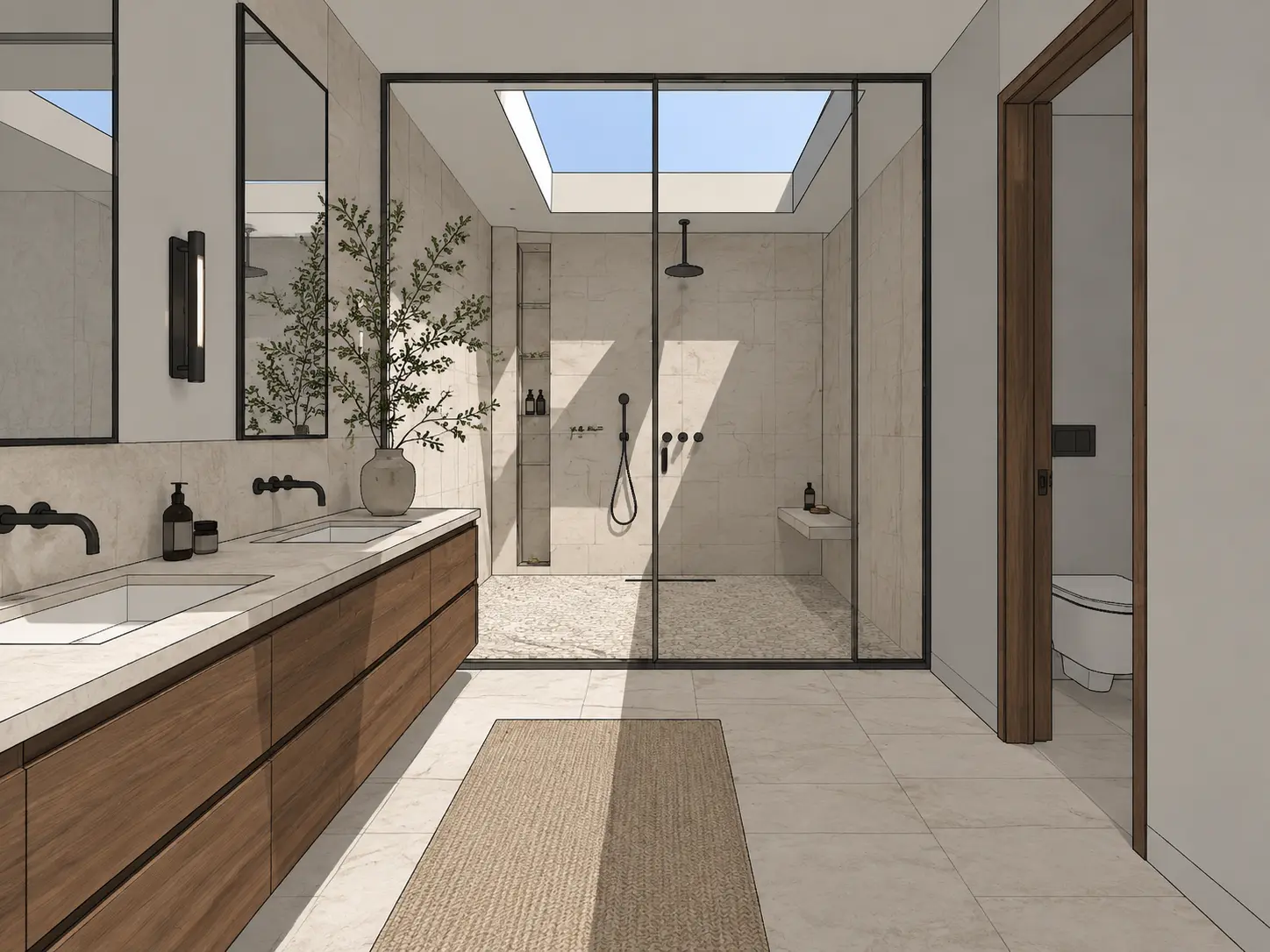 Original sketch — Contemporary bathroom model turned into a photorealistic render with a double timber vanity, glass walk-in shower and skylight