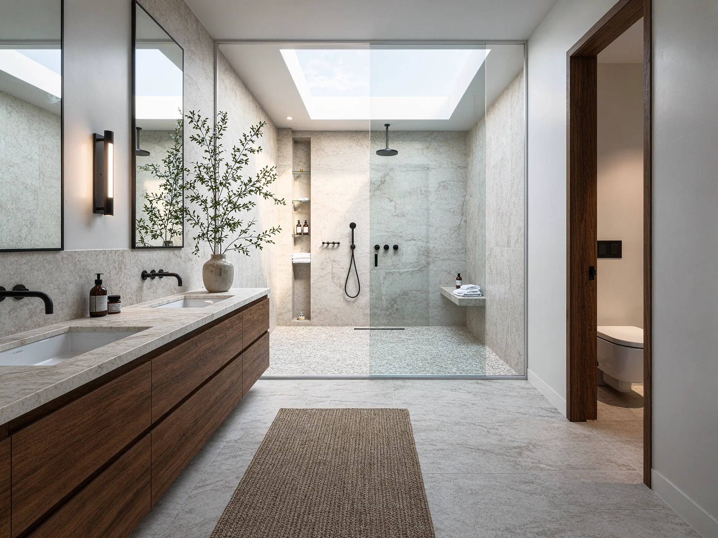 Contemporary bathroom model turned into a photorealistic render with a double timber vanity, glass walk-in shower and skylight