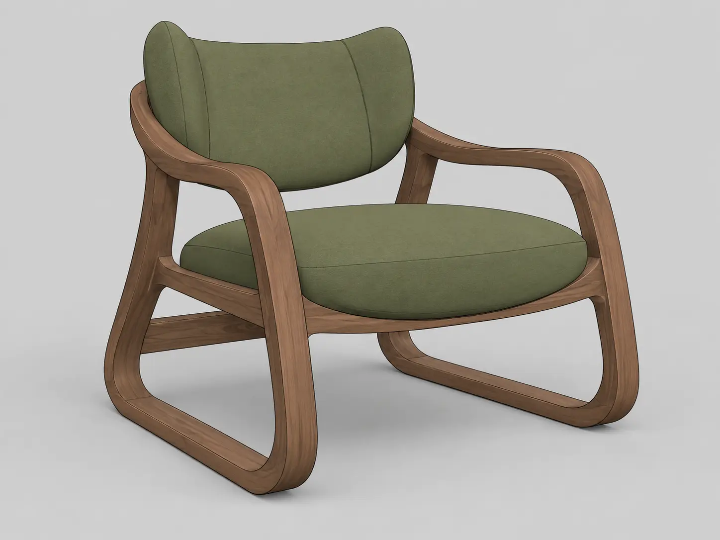 Original sketch — 3D lounge chair model transformed into a photorealistic furniture render with walnut frame and olive green upholstery