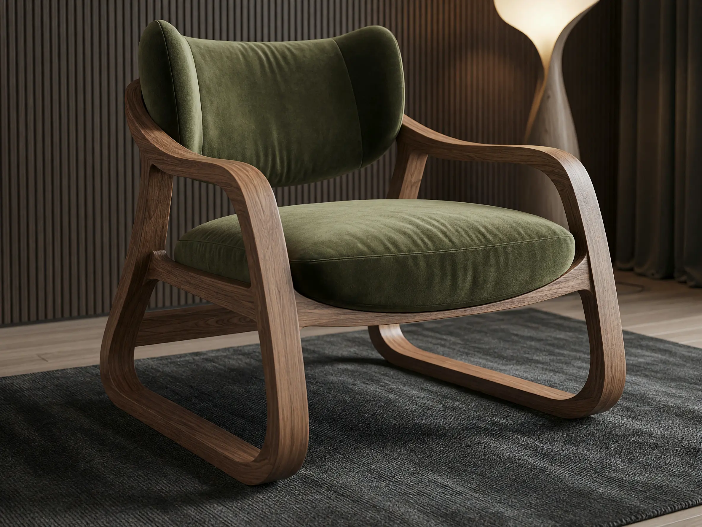 3D lounge chair model transformed into a photorealistic furniture render with walnut frame and olive green upholstery