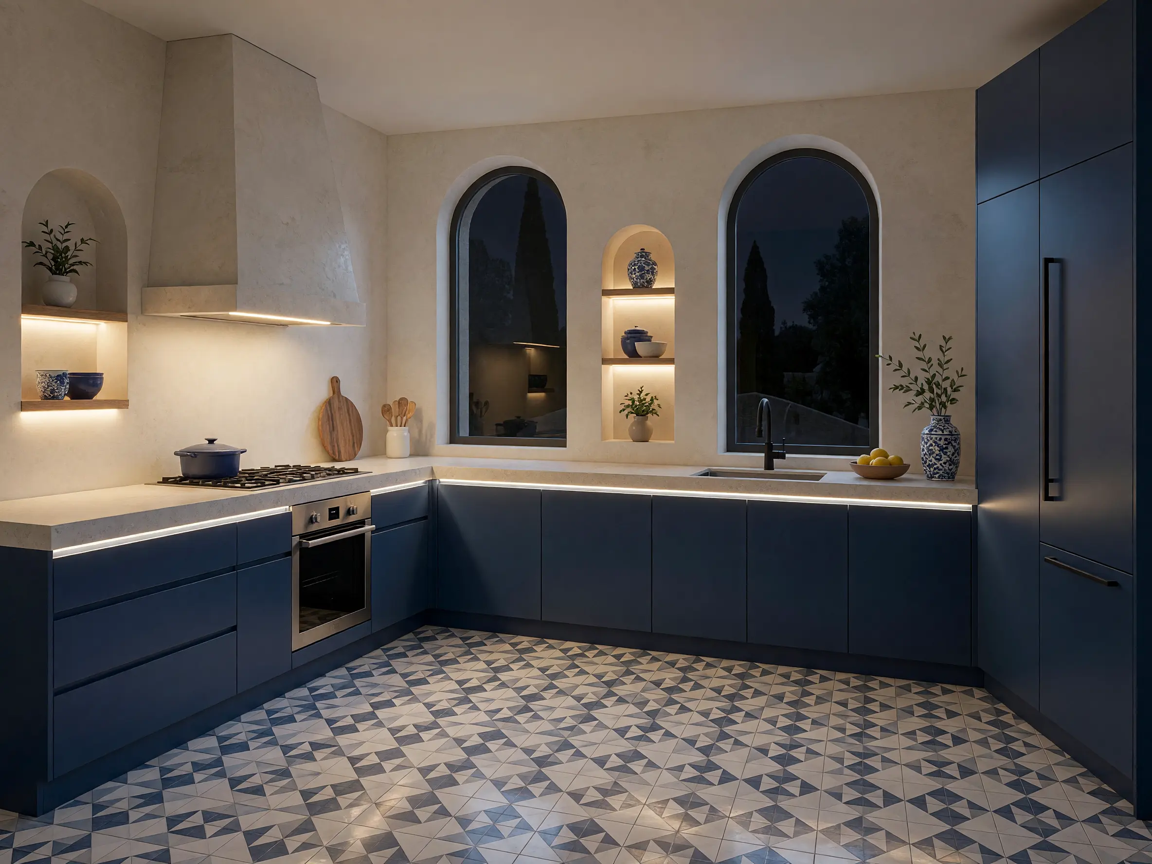 Mediterranean-style kitchen render with deep blue cabinets, arched windows and patterned floor tiles