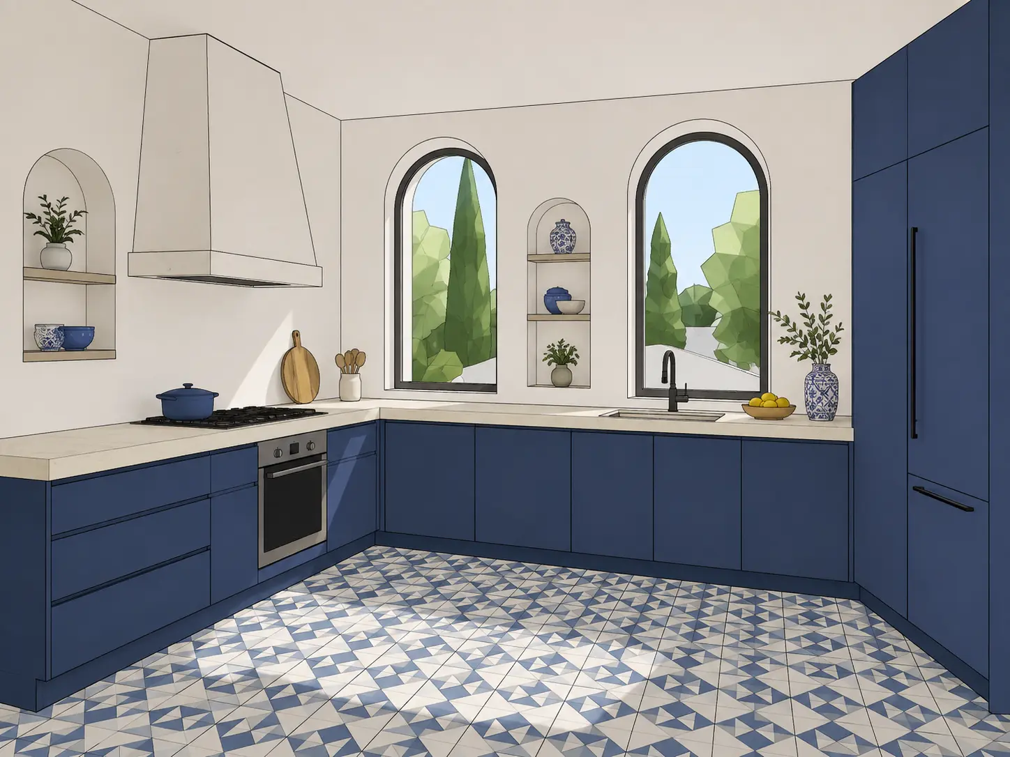 Original sketch — Mediterranean-style kitchen render with deep blue cabinets, arched windows and patterned floor tiles