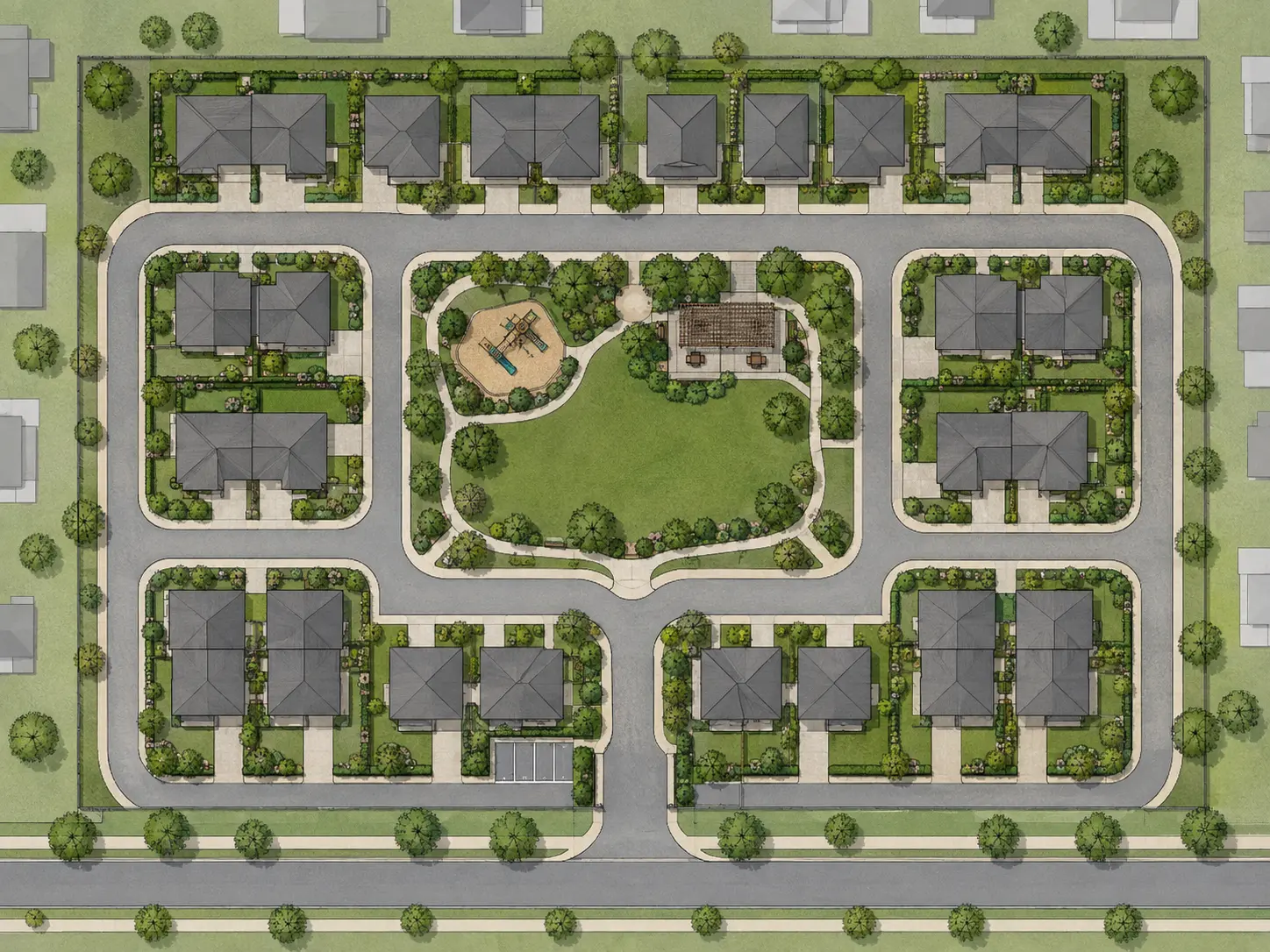 Original sketch — Residential landscape site plan rendered into a realistic aerial neighborhood masterplan