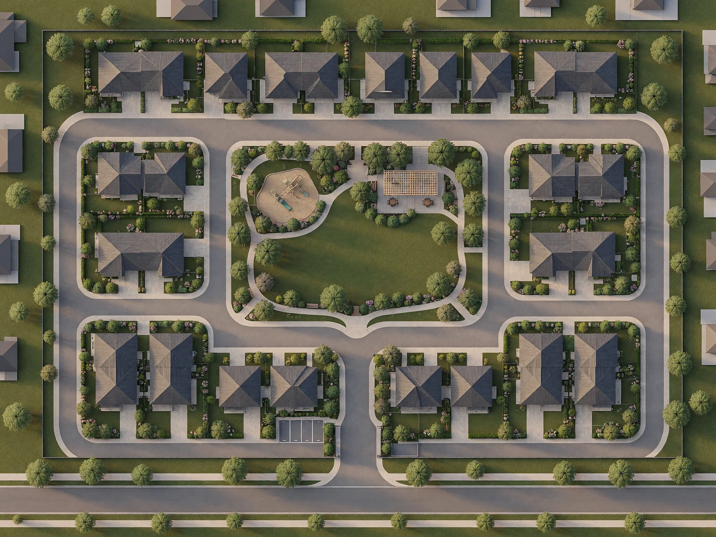 Residential landscape site plan rendered into a realistic aerial neighborhood masterplan