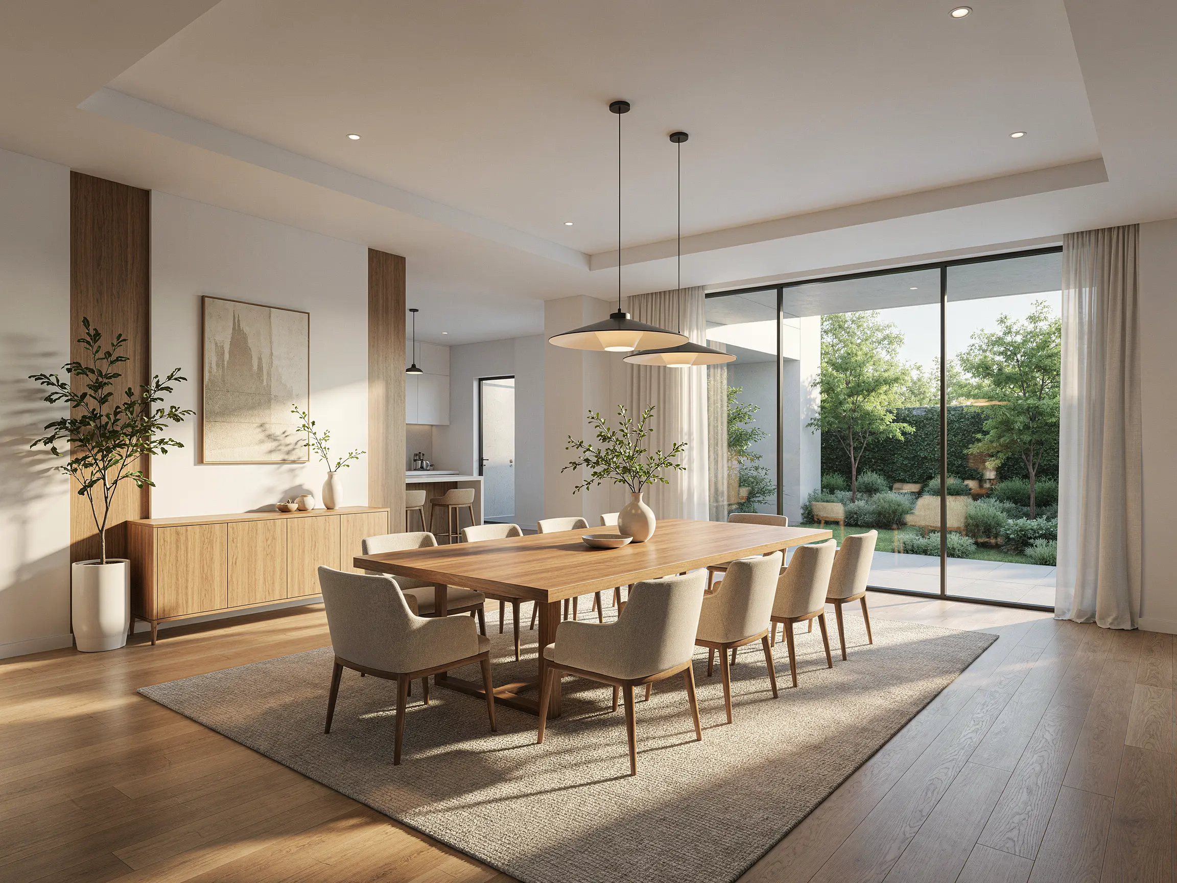 Simple interior line drawing transformed into a warm, photorealistic dining room visualization