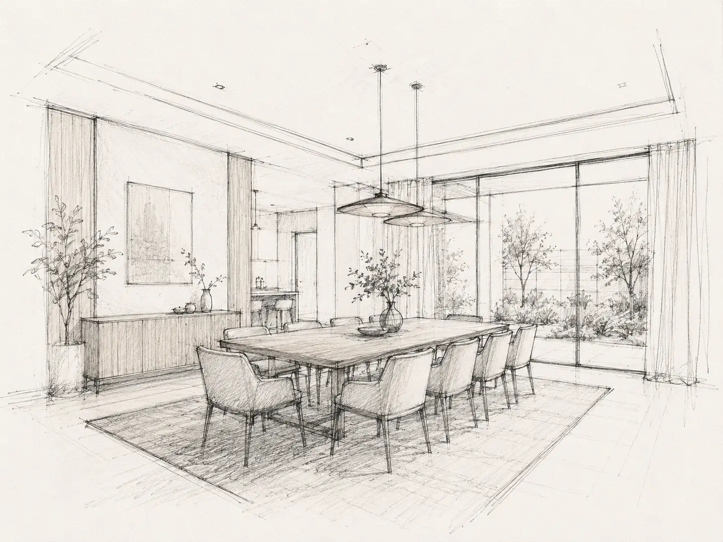 Original sketch — Simple interior line drawing transformed into a warm, photorealistic dining room visualization