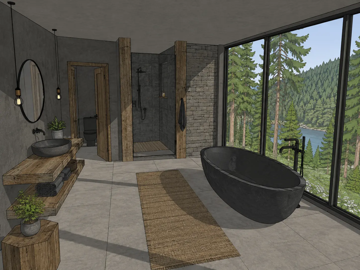 Original sketch — Lakeside bathroom model transformed into a photorealistic render with a freestanding black bathtub, timber vanity and stone shower