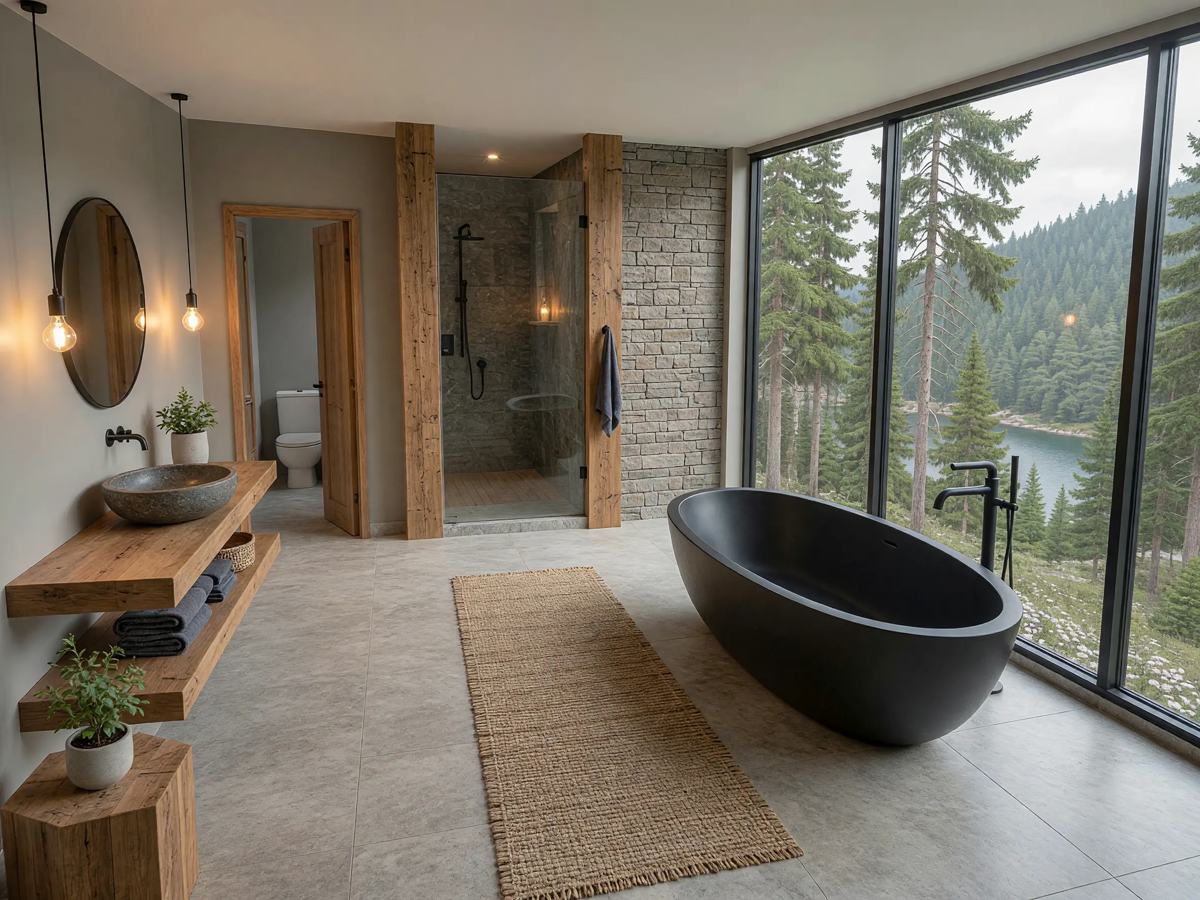 Lakeside bathroom model transformed into a photorealistic render with a freestanding black bathtub, timber vanity and stone shower