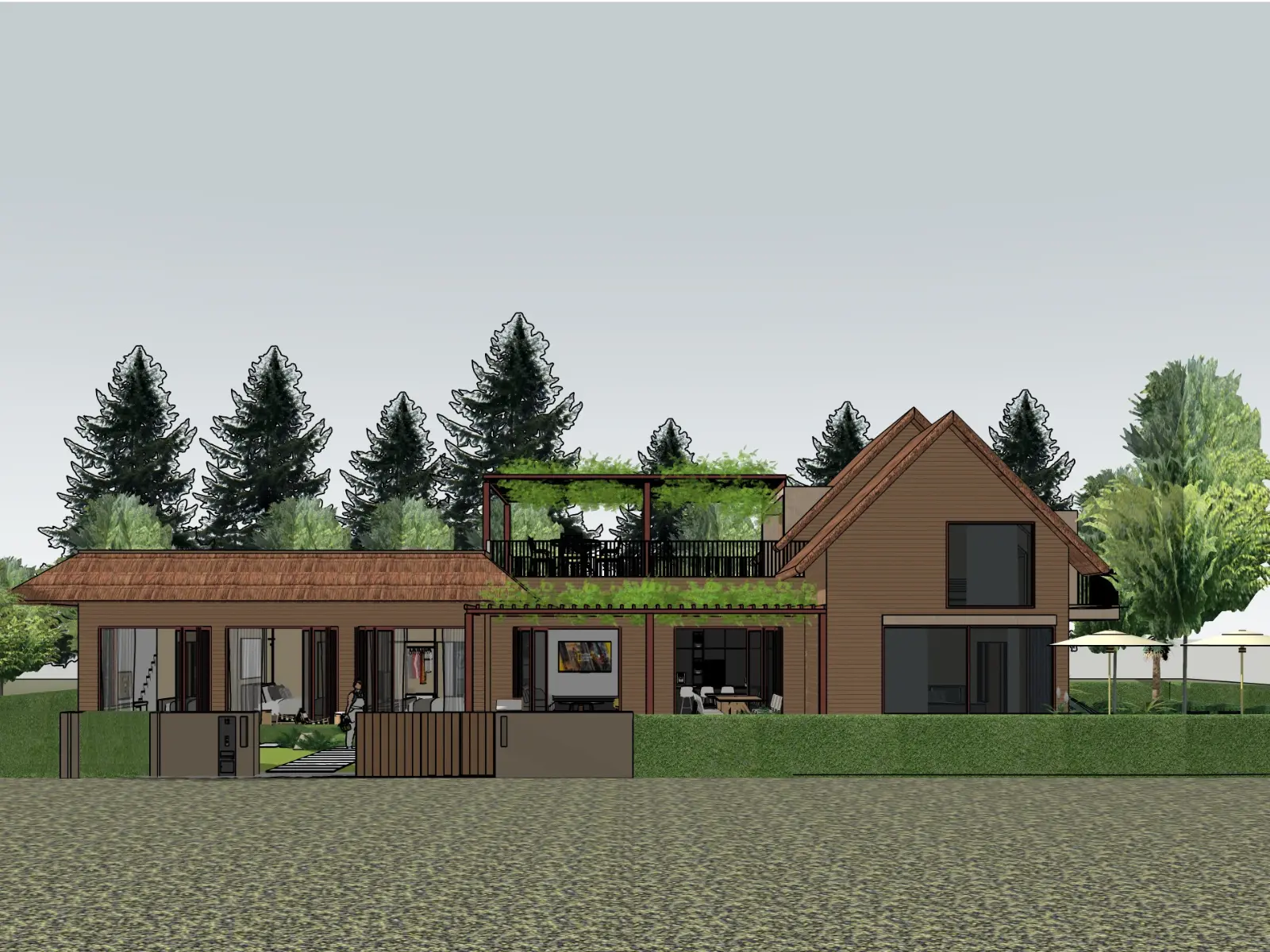 Original sketch — Residential elevation model transformed into a photorealistic timber-clad house render with pitched roofs and landscaped frontage