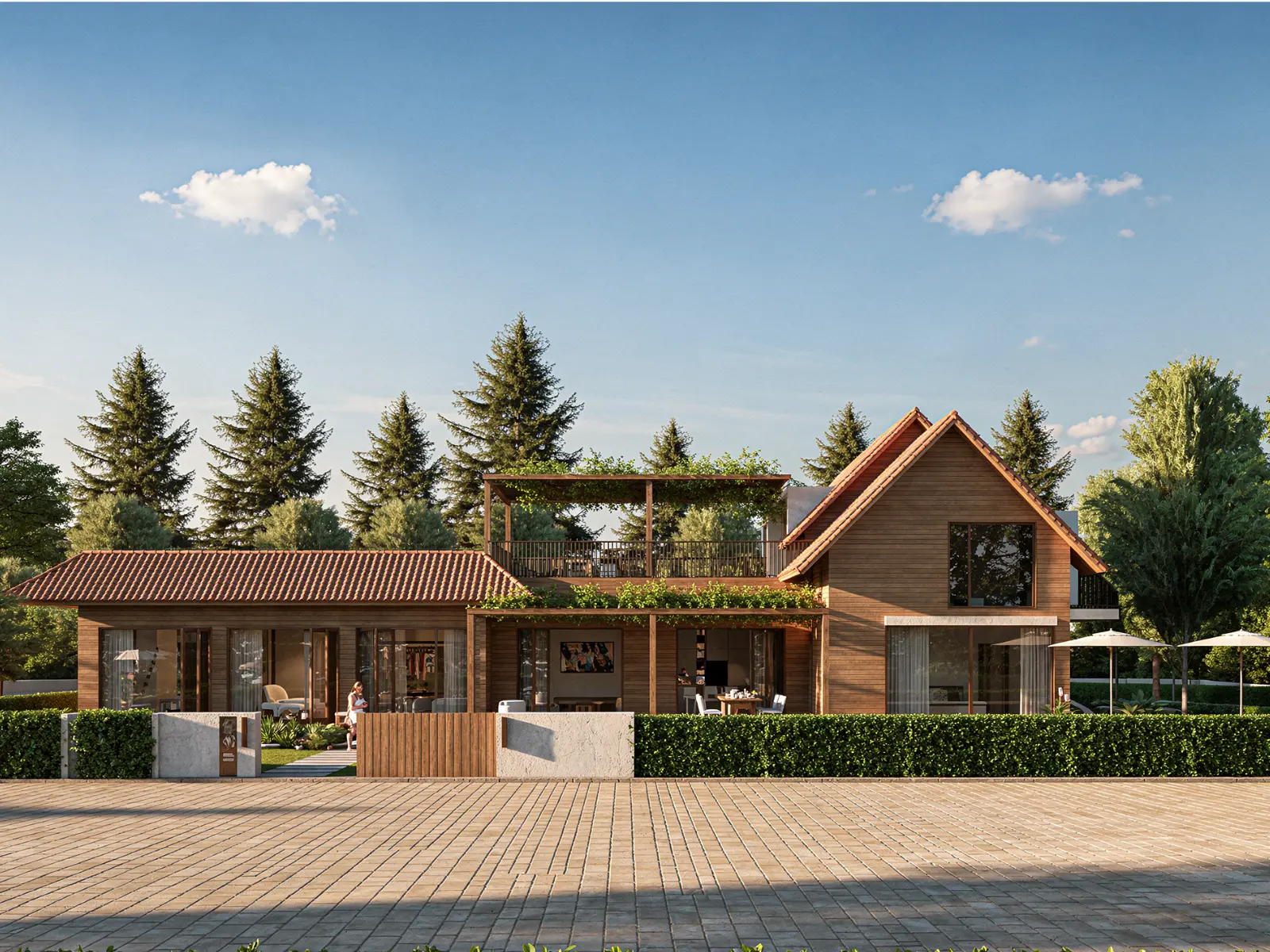 Residential elevation model transformed into a photorealistic timber-clad house render with pitched roofs and landscaped frontage